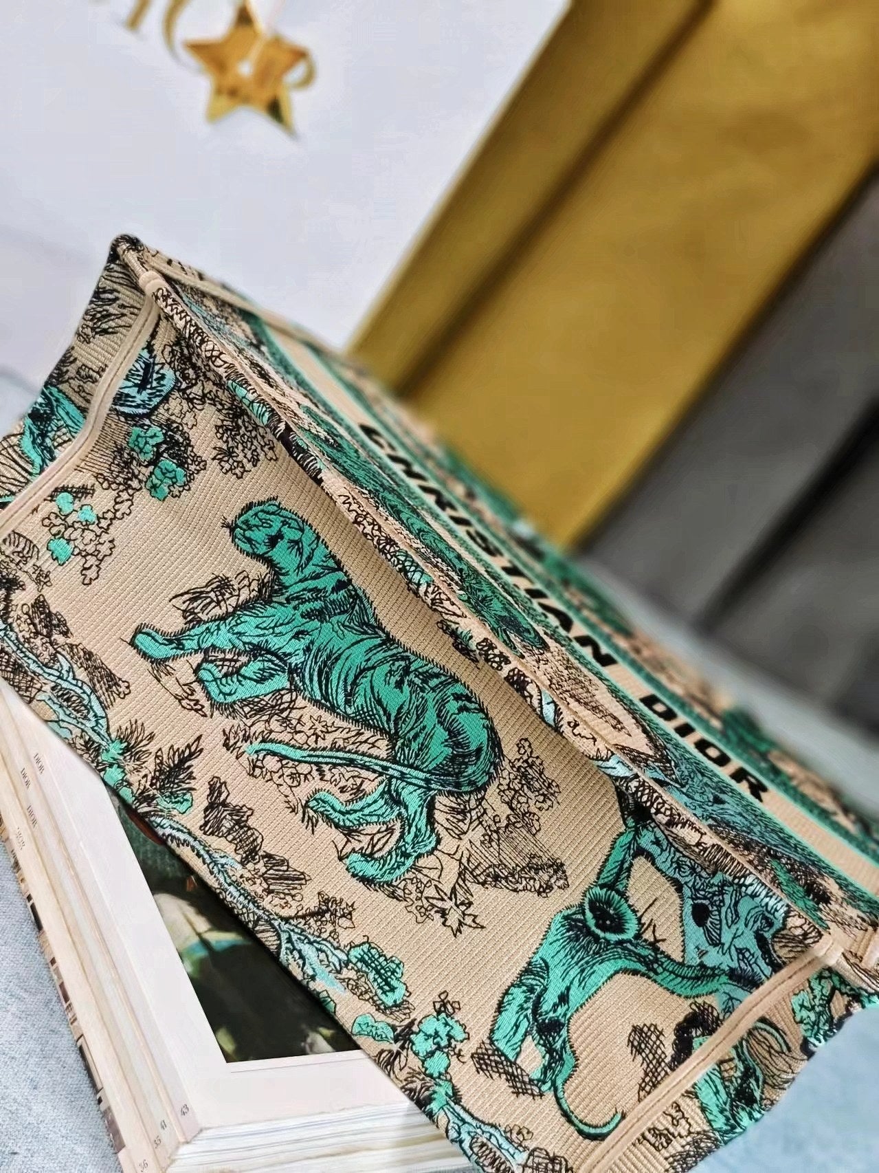 Dior Vintage Green Jungle Animal Embroidered Canvas Tote Handbag