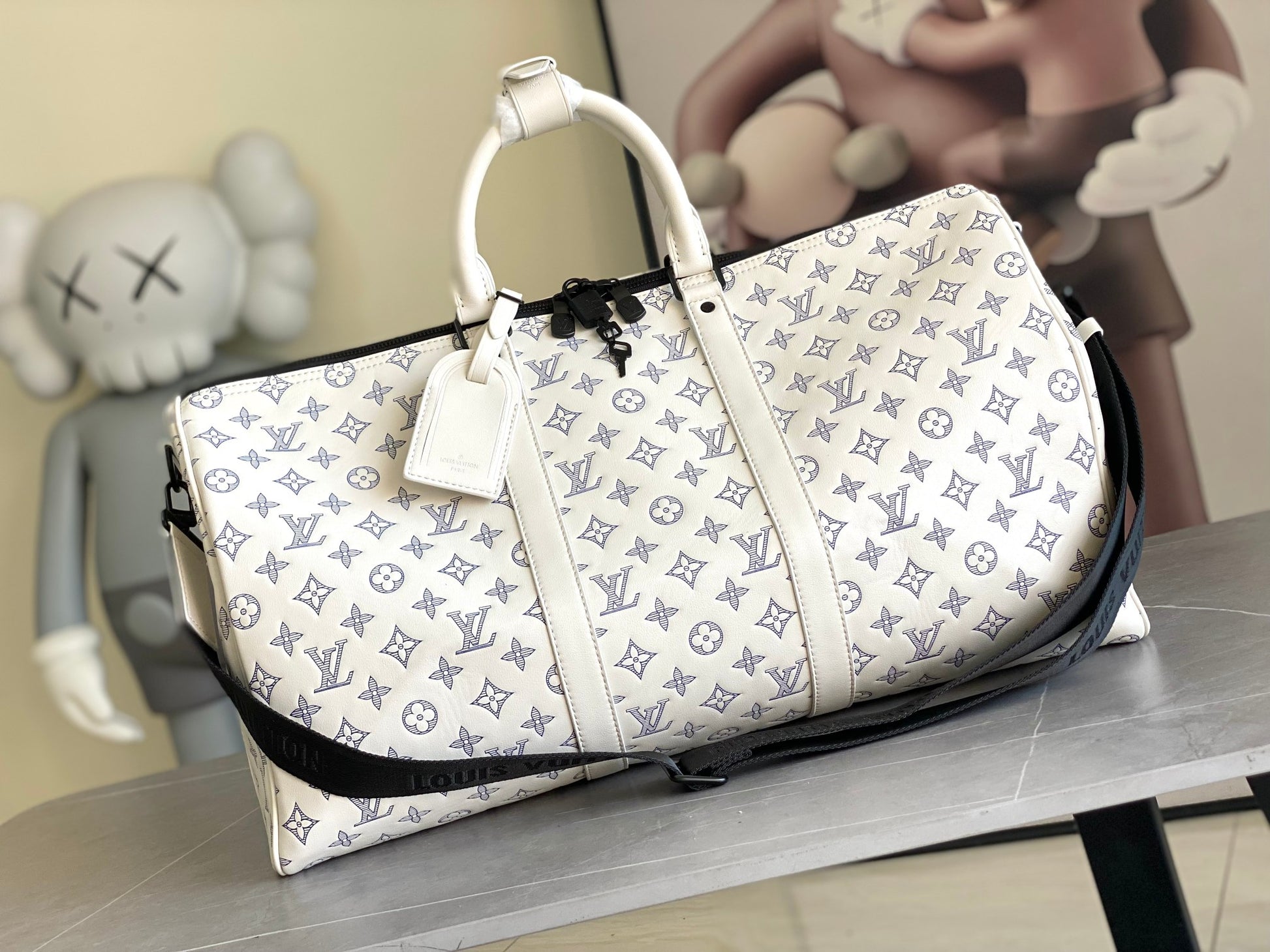 Louis Vuitton Luxury White Monogram Travel Duffle Bag with Shoulder Strap