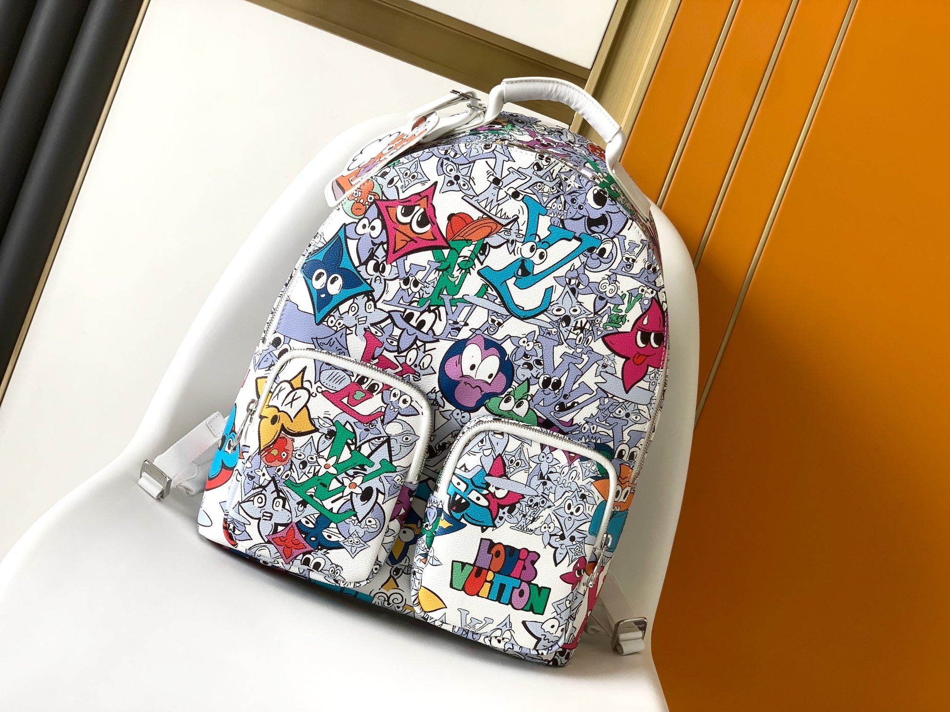 Louis Vuitton Colorful Cartoon Graffiti Print White Streetwear Backpack