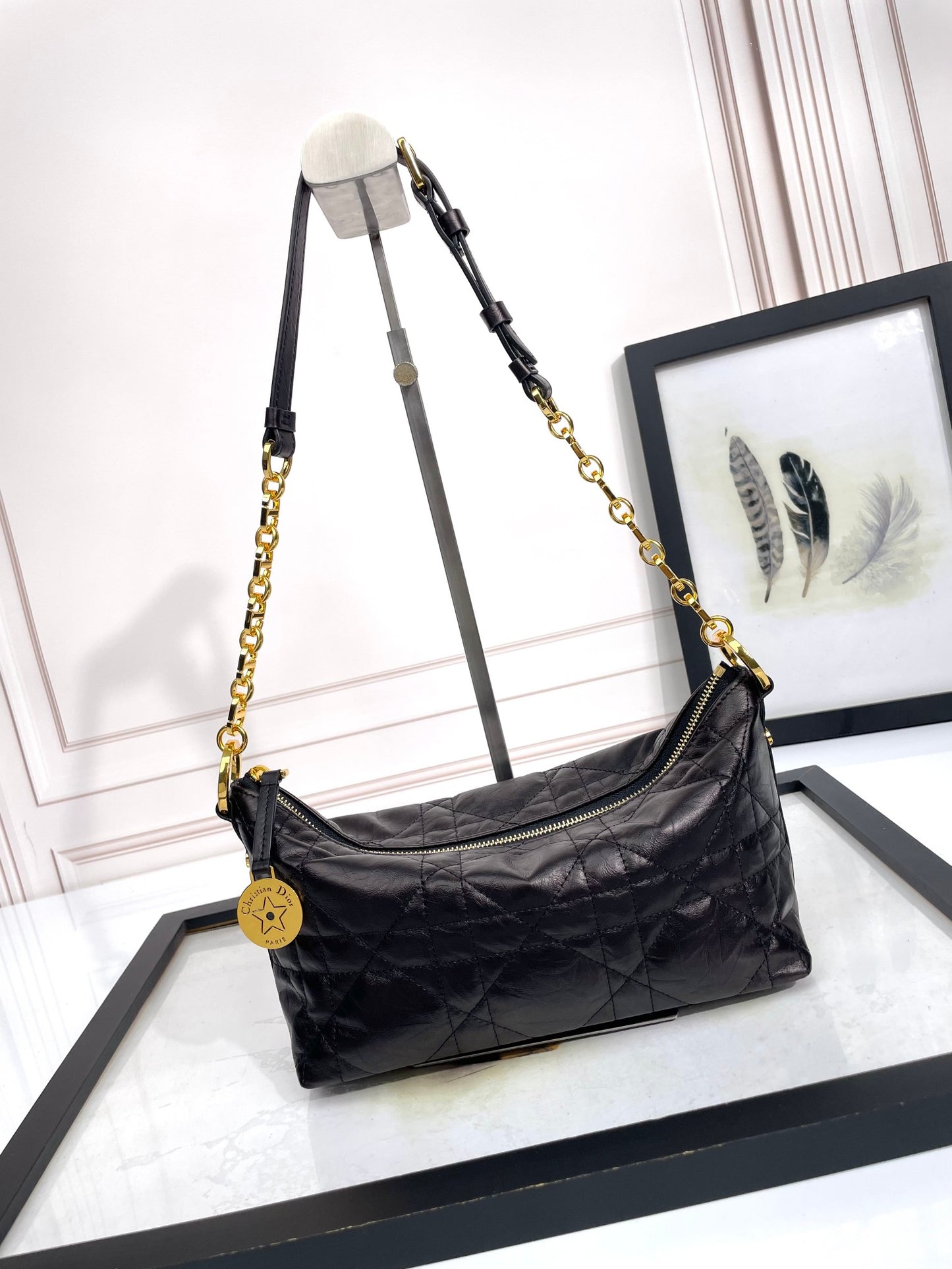 Dior Elegant Black Quilted Leather Shoulder Bag with Gold Chain