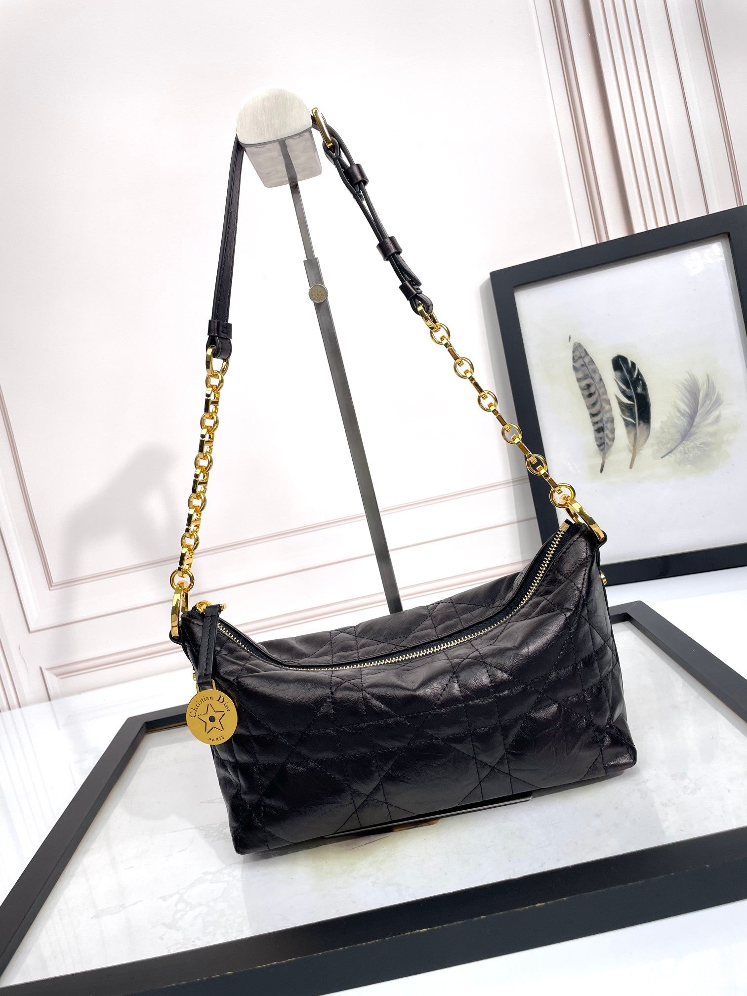 Dior Elegant Black Quilted Leather Shoulder Bag with Gold Chain