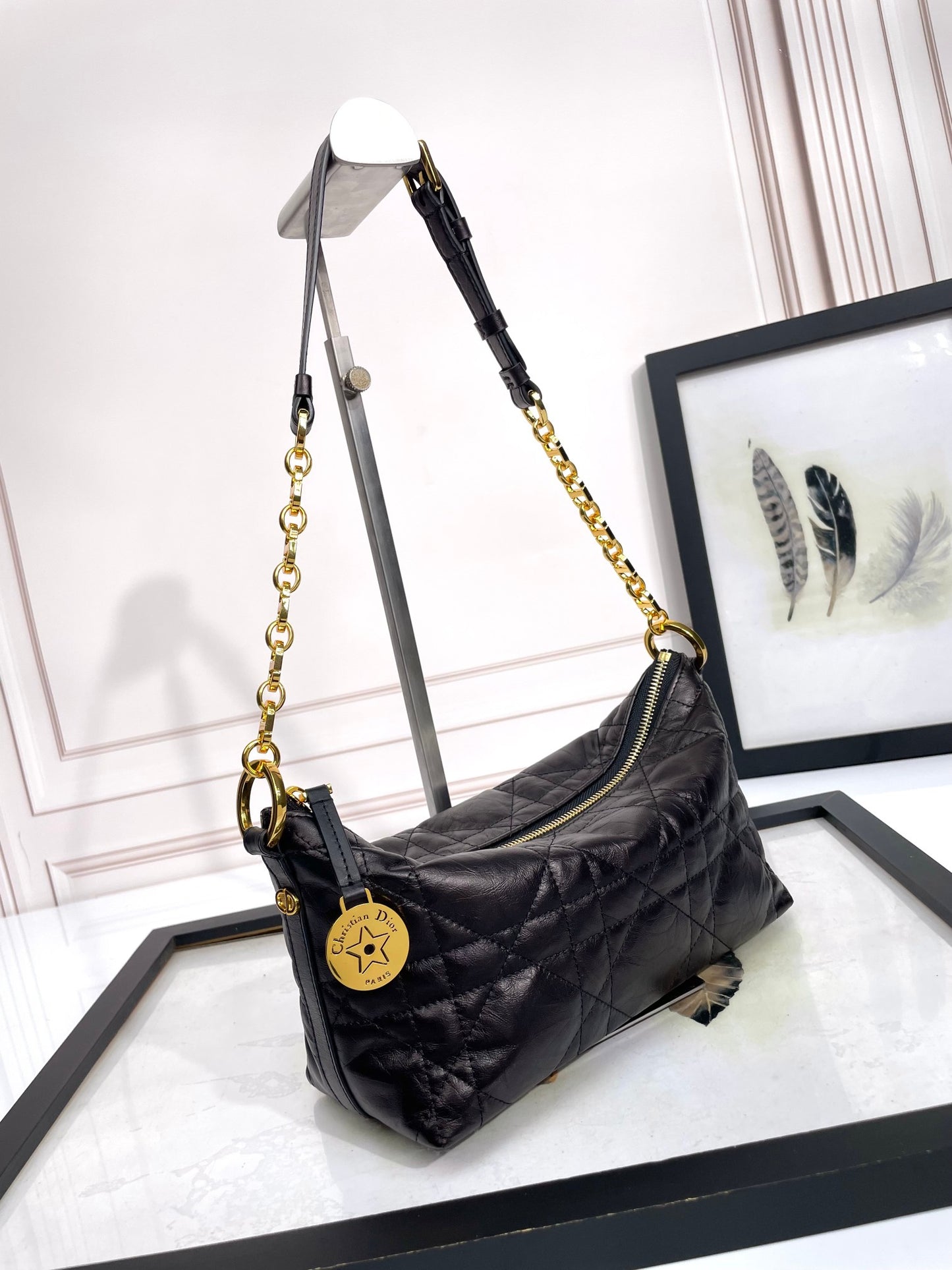 Dior Elegant Black Quilted Leather Shoulder Bag with Gold Chain