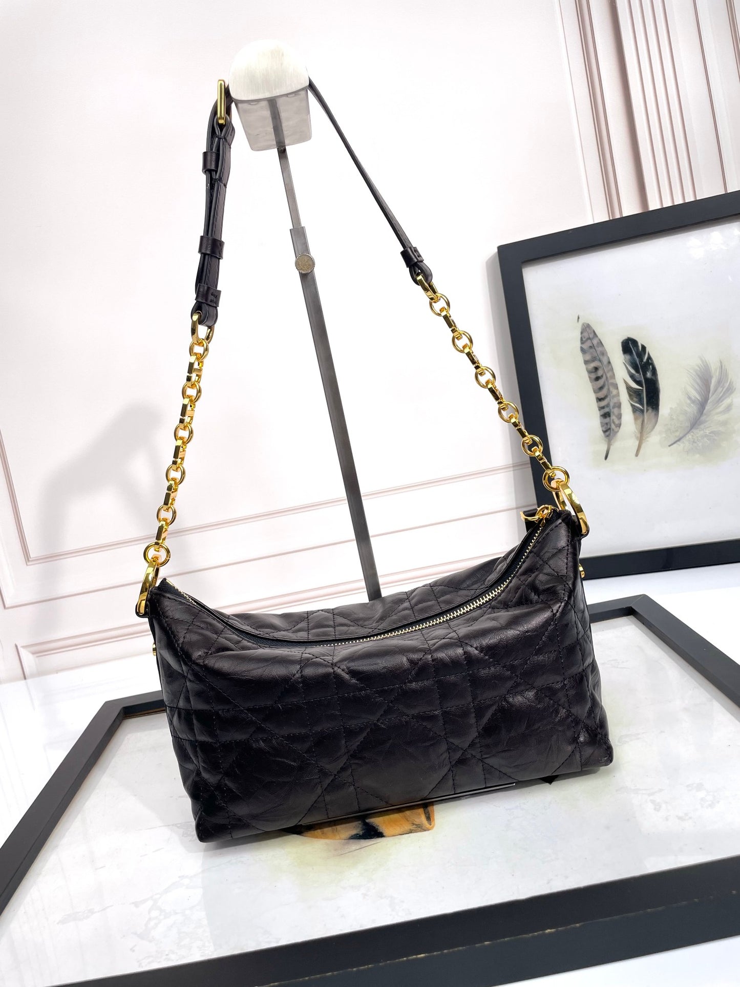 Dior Elegant Black Quilted Leather Shoulder Bag with Gold Chain