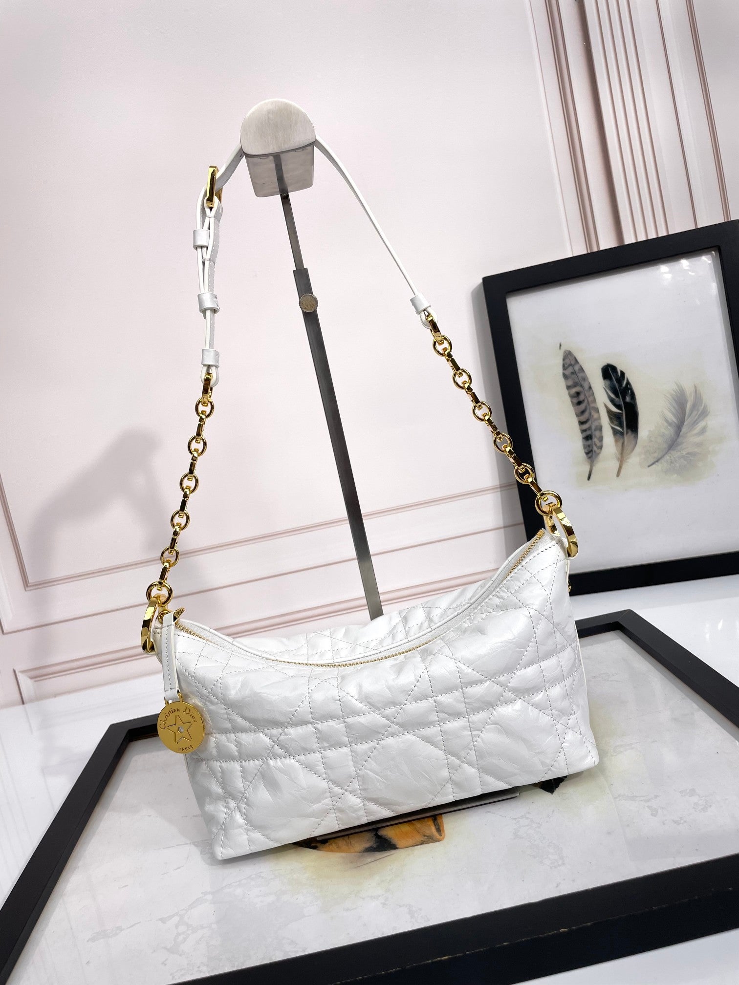 Dior White Quilted Leather Shoulder Bag with Gold Chain Strap