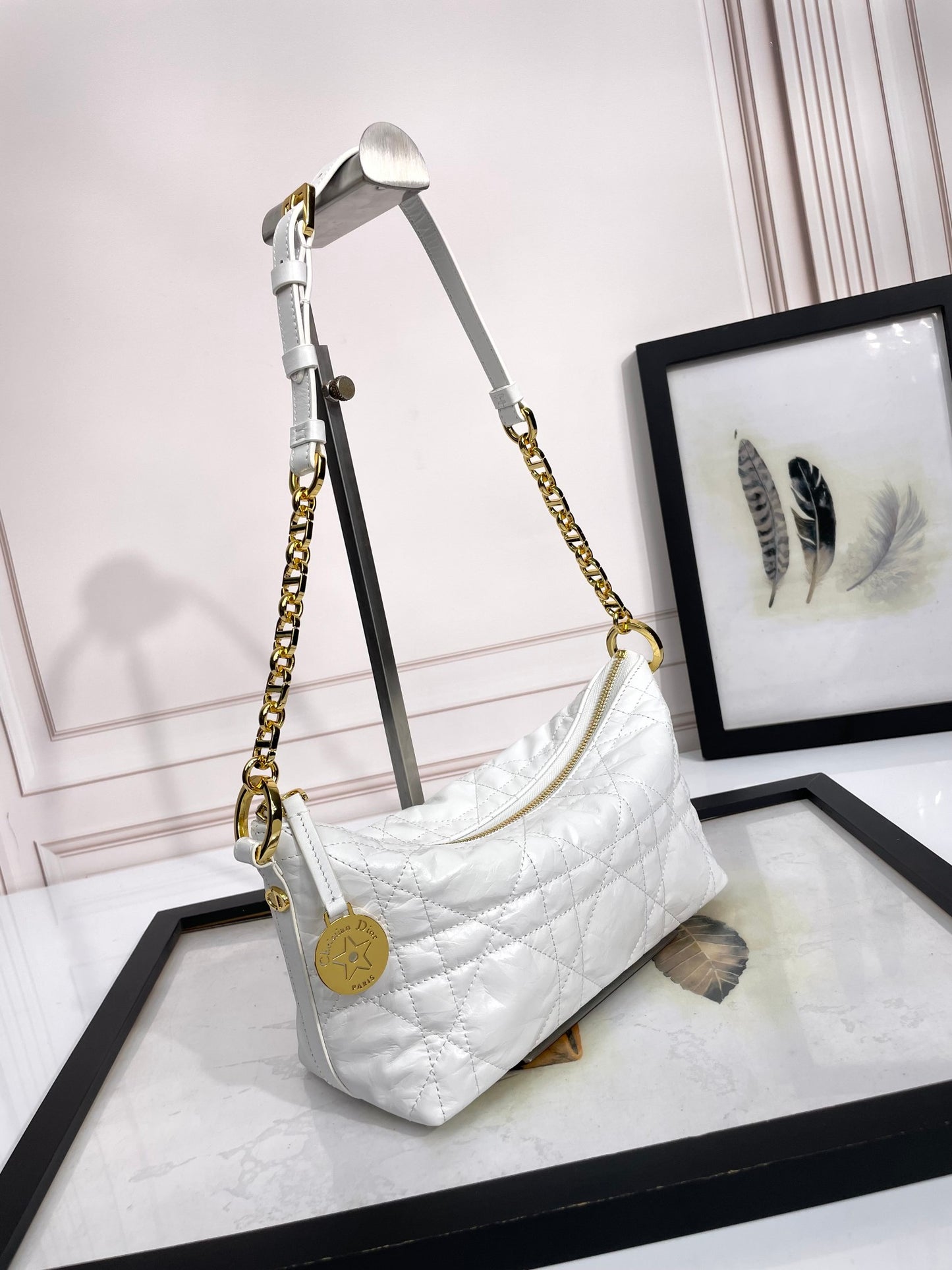 Elegant White Quilted Shoulder Bag with Gold-Tone Chain Strap