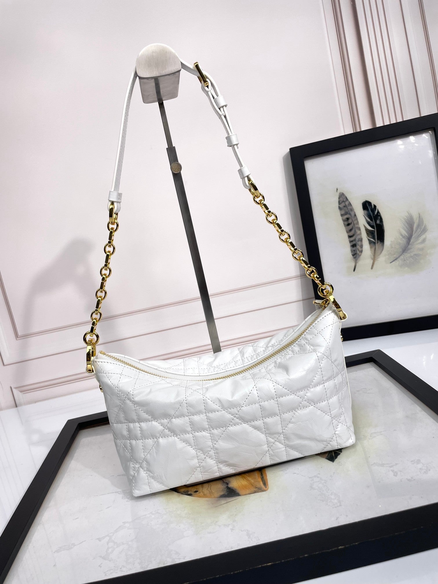Dior White Quilted Leather Shoulder Bag with Gold Chain Strap