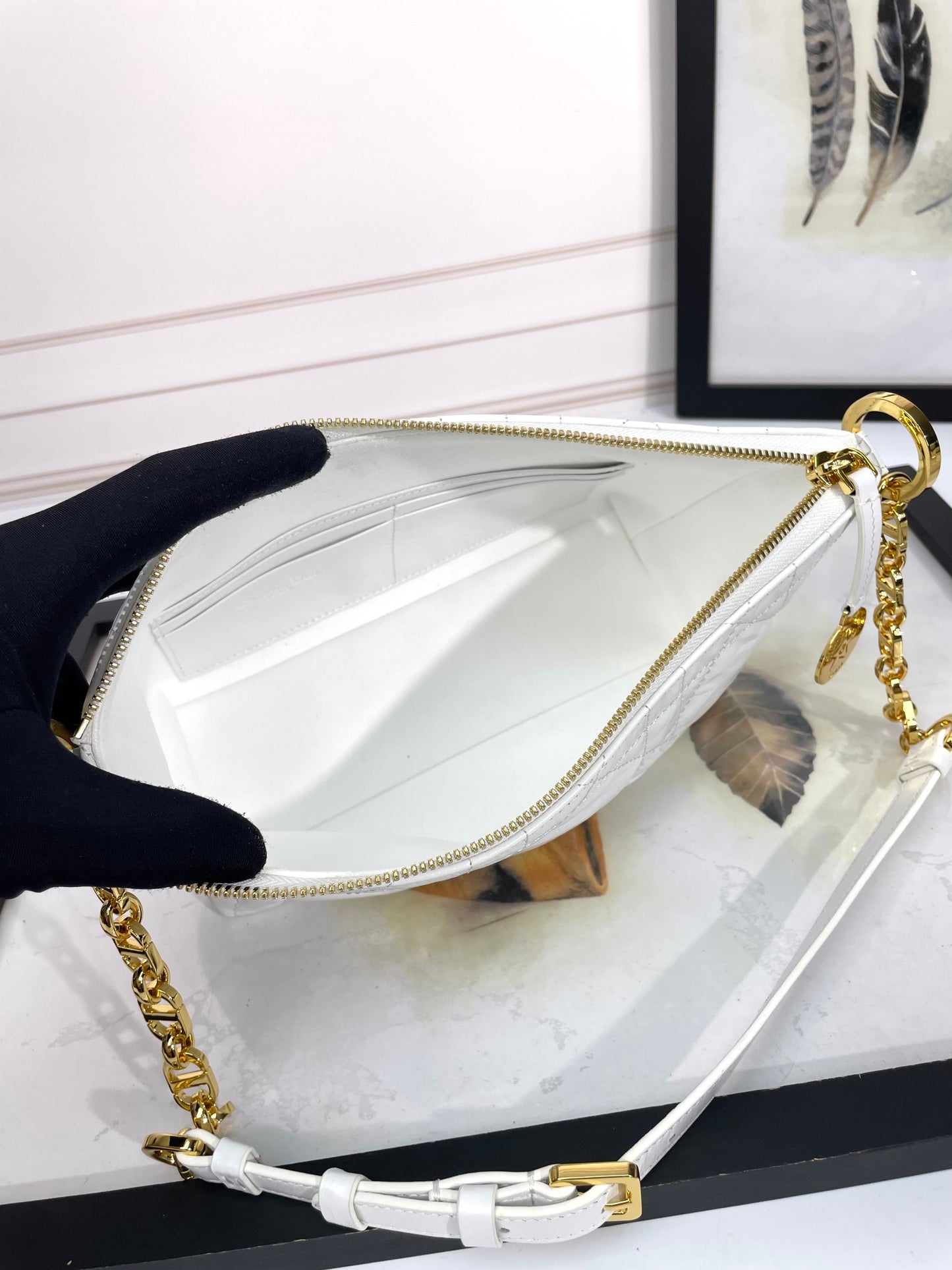 Dior White Quilted Leather Shoulder Bag with Gold Chain Strap