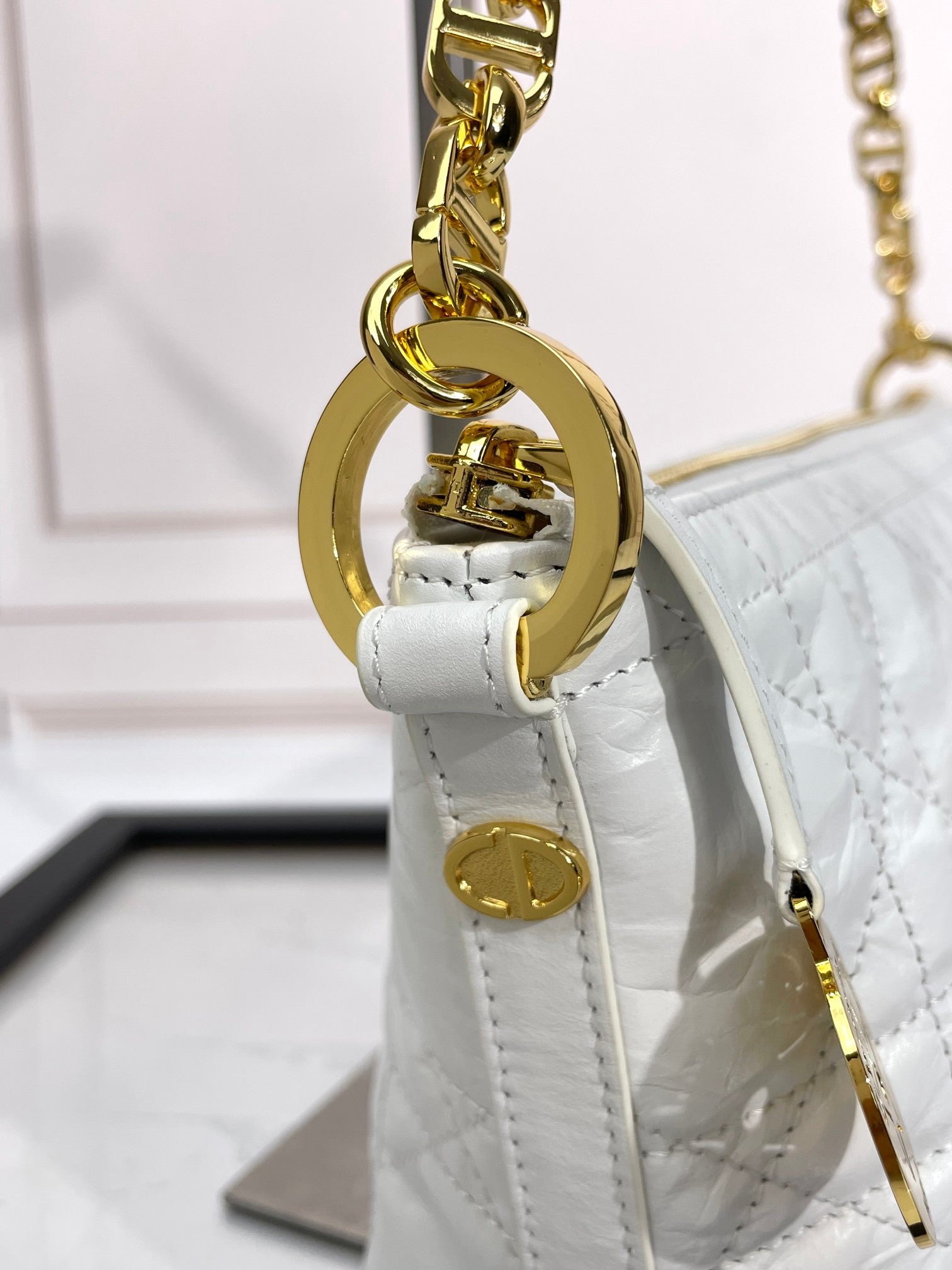 Dior Elegant White Quilted Hobo Shoulder Bag with Gold Chain