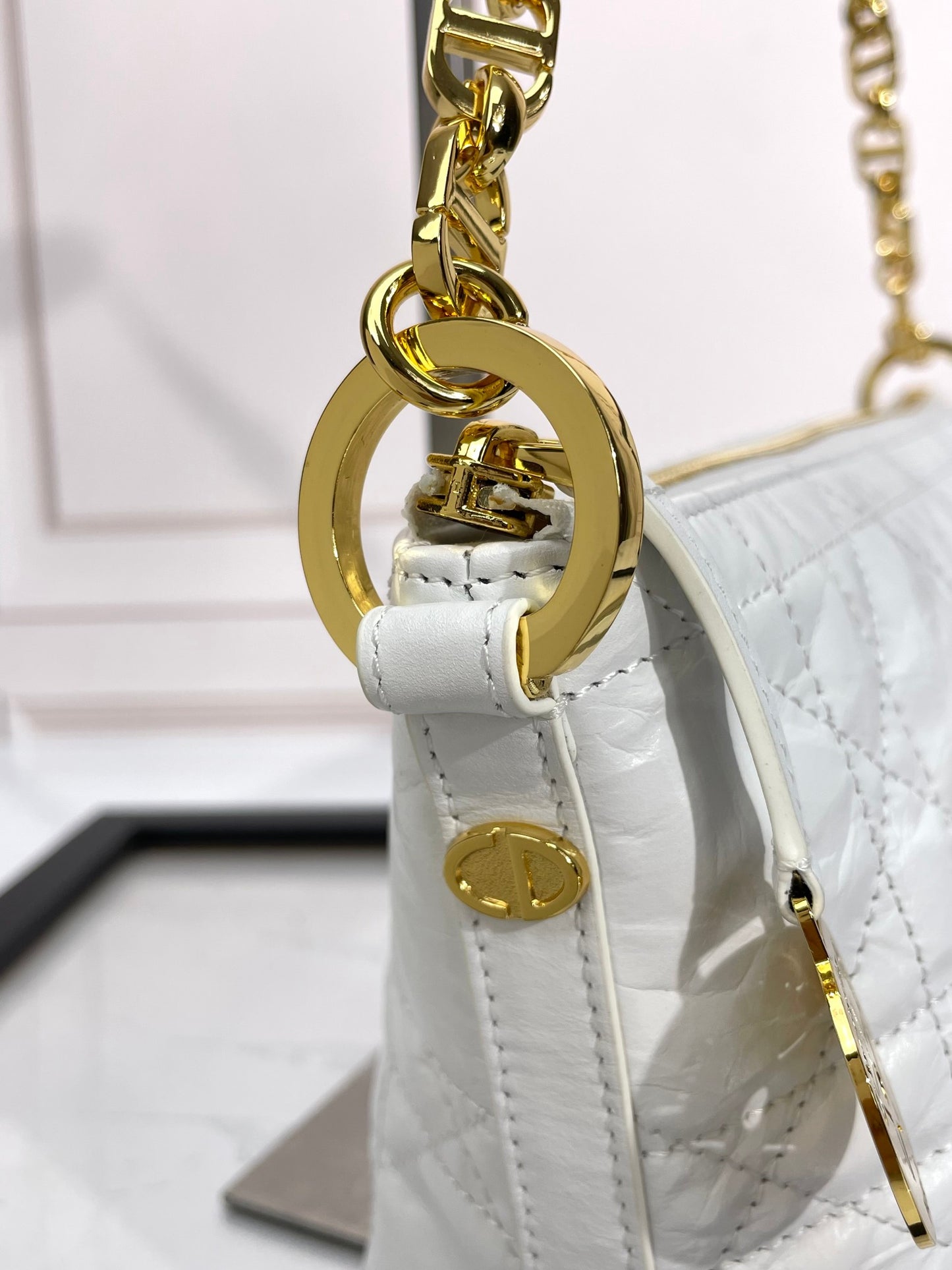 Dior White Quilted Leather Shoulder Bag with Gold Chain Strap