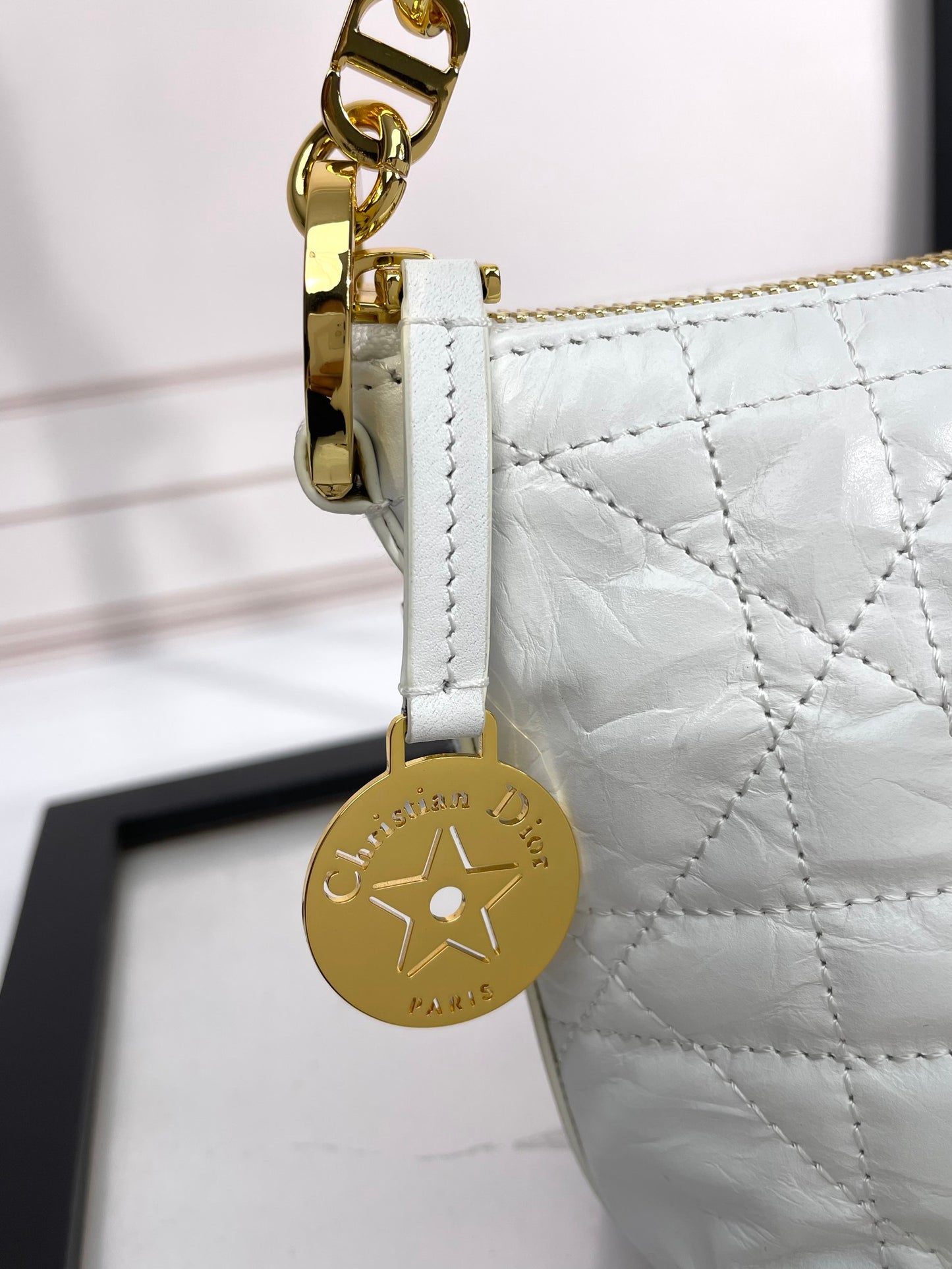 White Quilted Leather Hobo Shoulder Bag with Gold-Tone Chain Strap