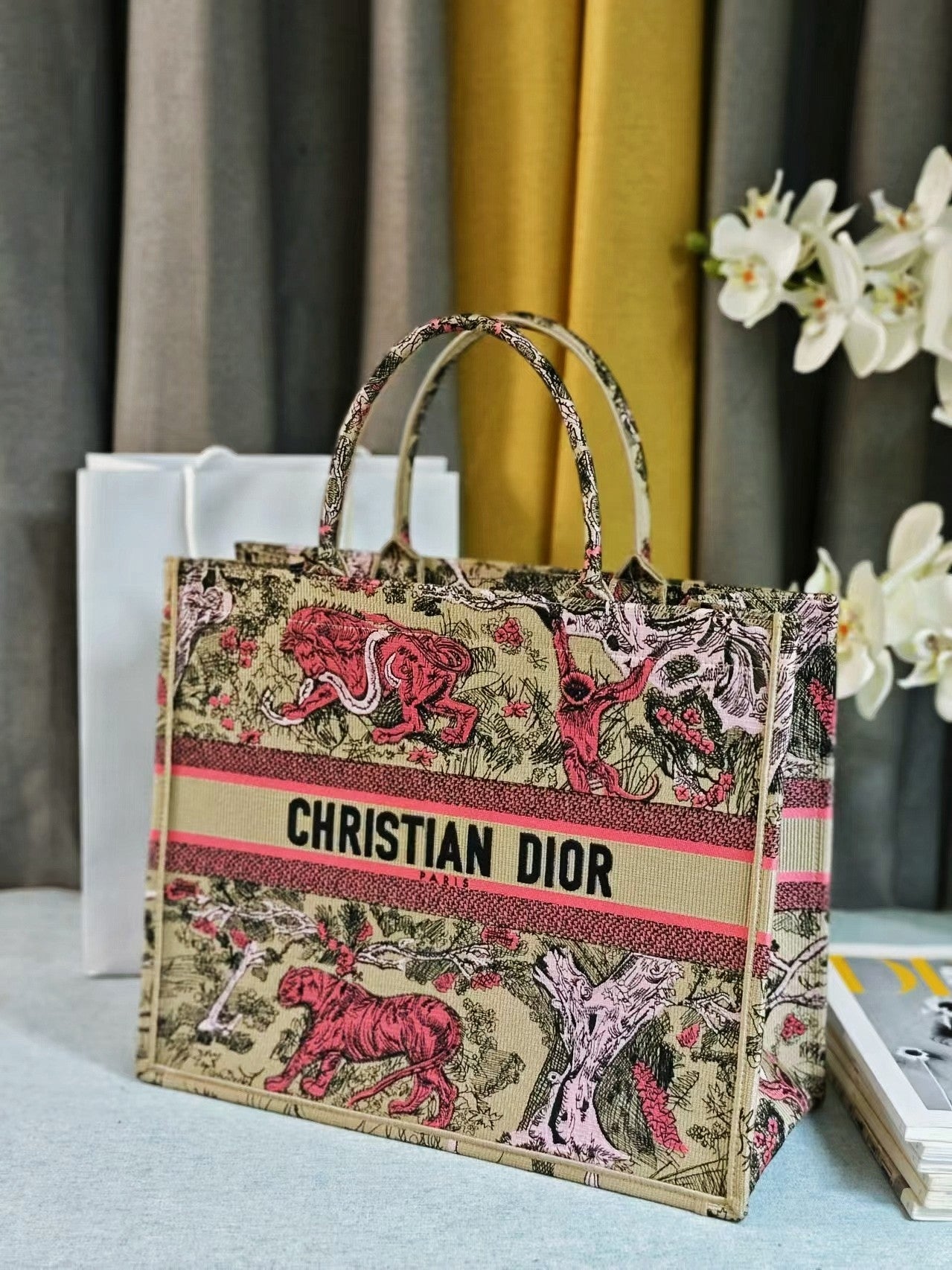 Dior Pink Tiger Embroidered Canvas Tote Bag Top Handle Handbag