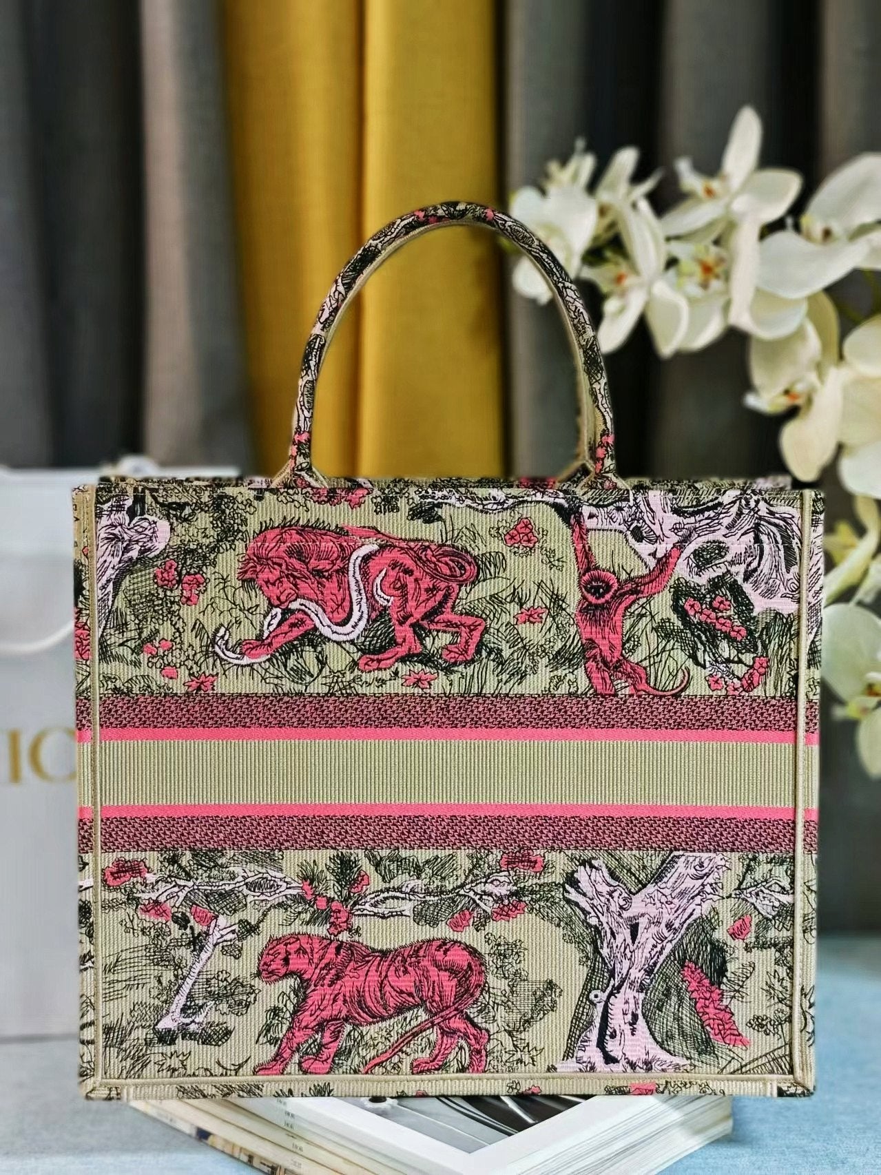 Dior Pink Tiger Embroidered Canvas Tote Bag Top Handle Handbag