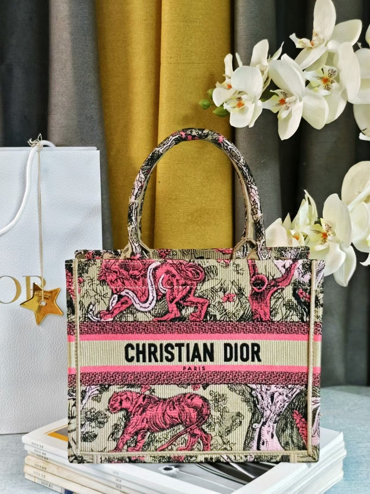 Dior Vintage Pink Tiger Pattern Embroidered Top Handle Tote Bag