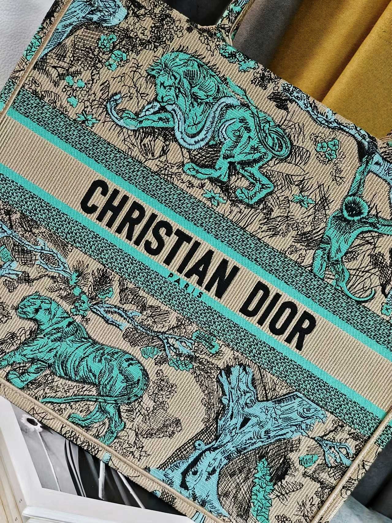 Dior Luxury Teal Jungle Animal Embroidered Canvas Tote Handbag