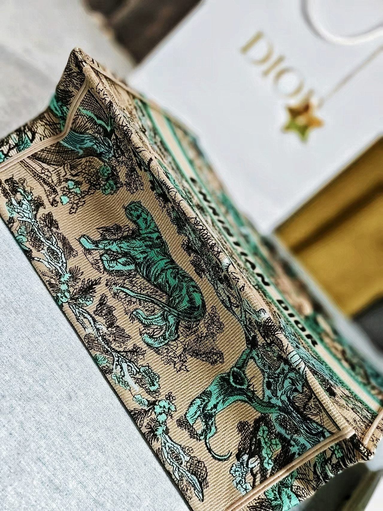 Dior Luxury Teal Jungle Animal Embroidered Canvas Tote Handbag