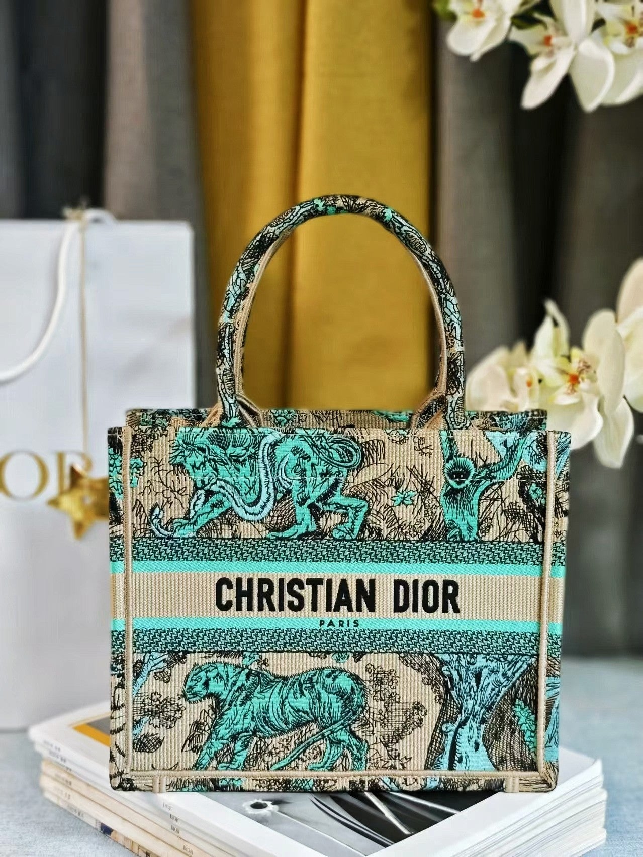 Dior Teal and Beige Animal Print Patterned Canvas Tote Bag with Handles