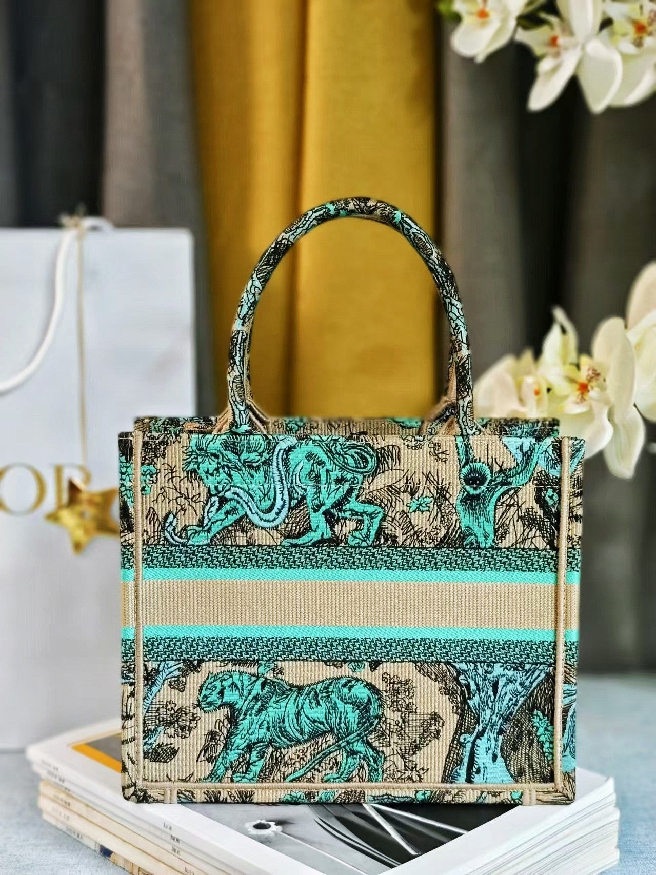Dior Teal and Beige Animal Print Patterned Canvas Tote Bag with Handles