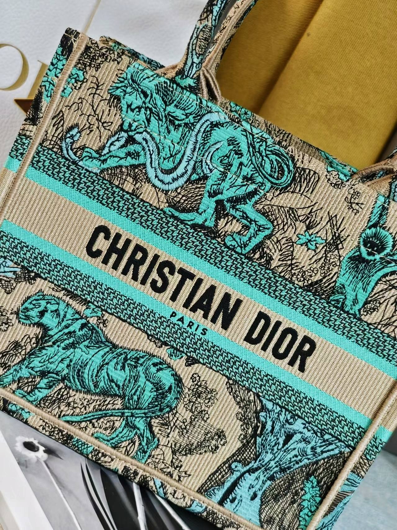 Dior Teal and Beige Animal Print Patterned Canvas Tote Bag with Handles