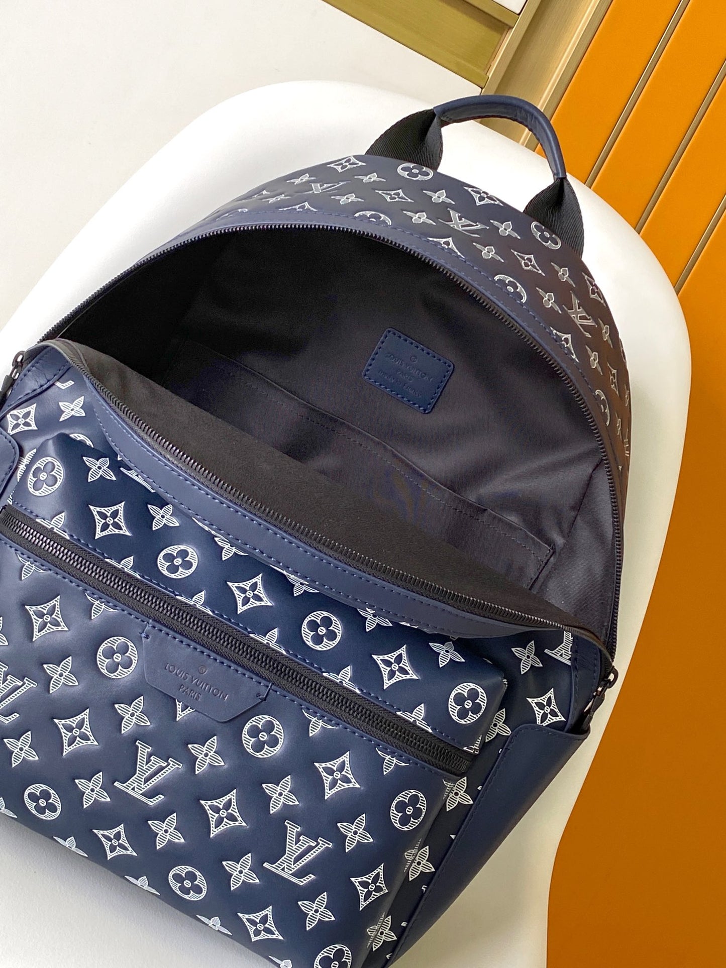Louis Vuitton Classic Monogram Navy Blue Canvas Backpack with Front Pocket