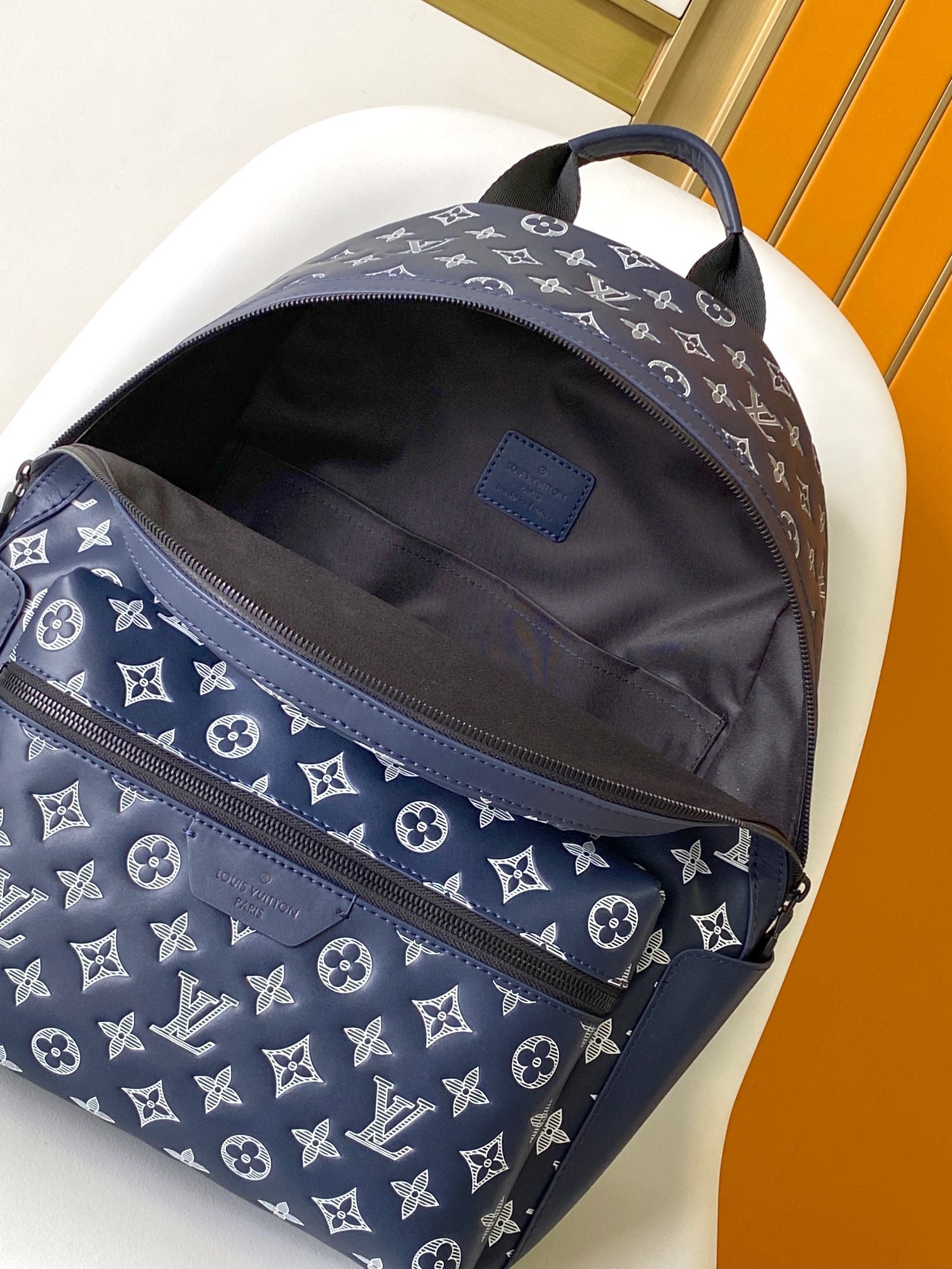 Louis Vuitton Classic Monogram Navy Blue Canvas Backpack with Front Pocket