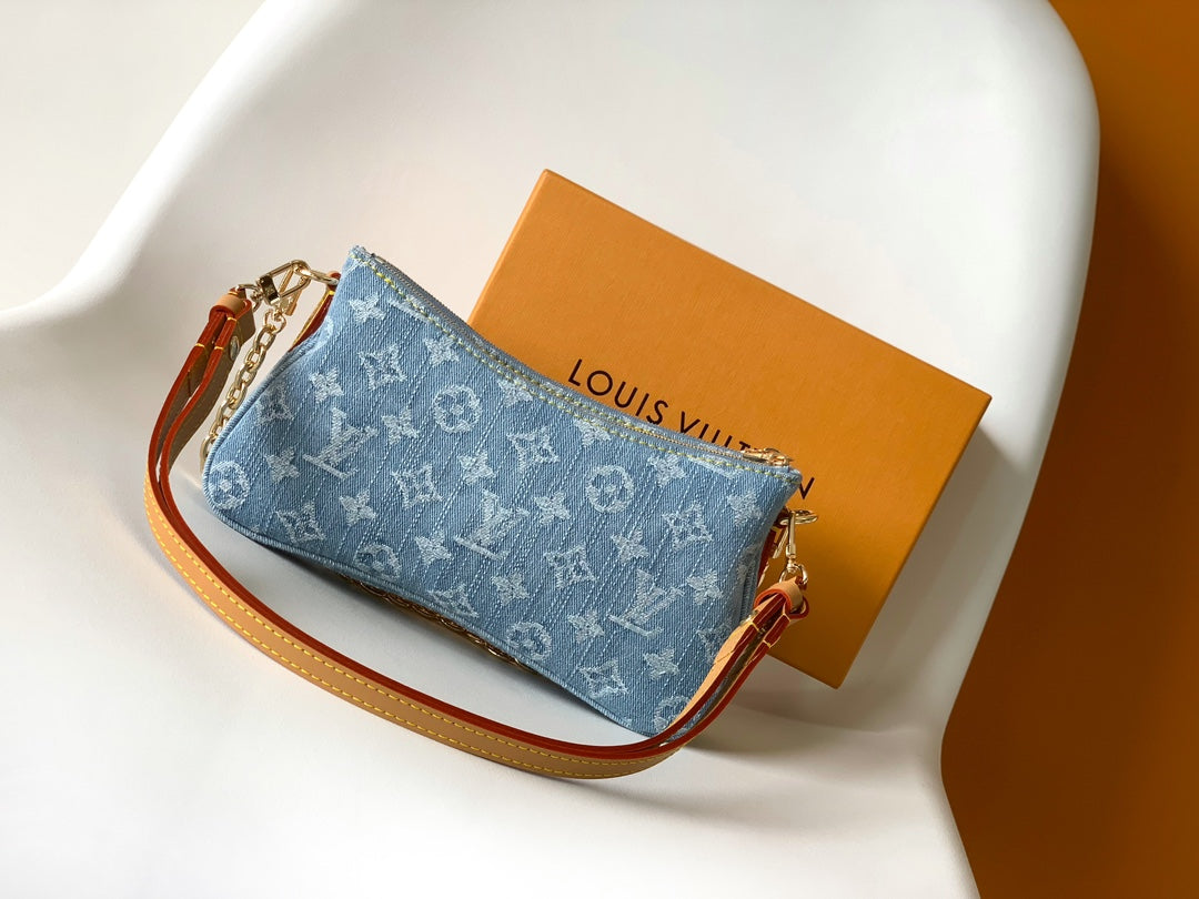 Louis Vuitton Vintage Monogram Denim Shoulder Bag with Gold Chain Strap
