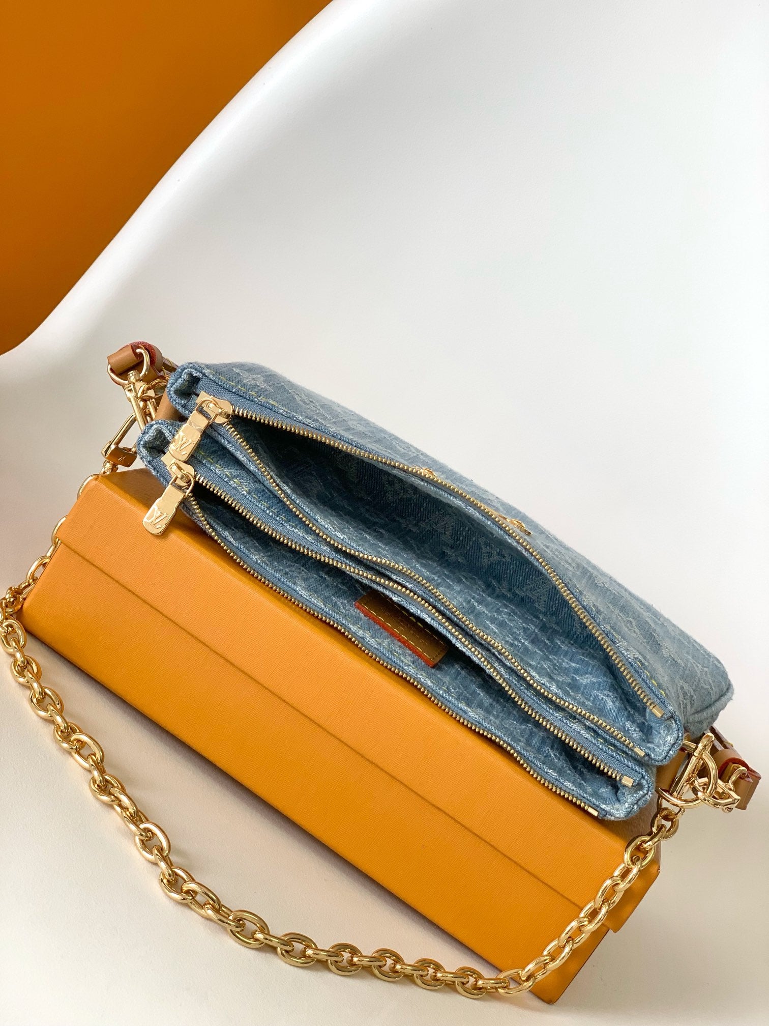 Louis Vuitton Vintage Monogram Denim Shoulder Bag with Gold Chain Strap