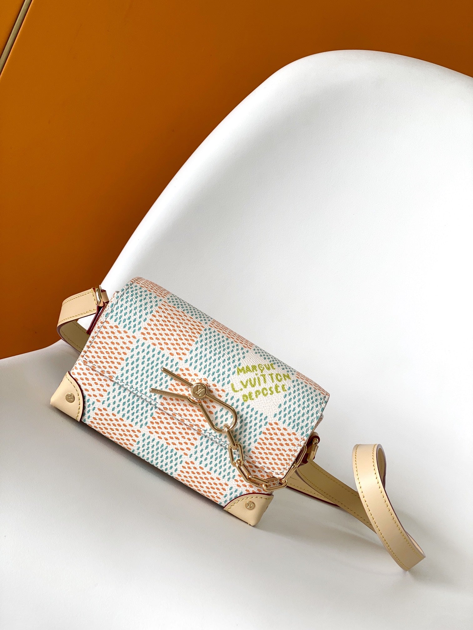 Louis Vuitton Pastel Checkerboard Crossbody Handbag with Gold Chain Detail