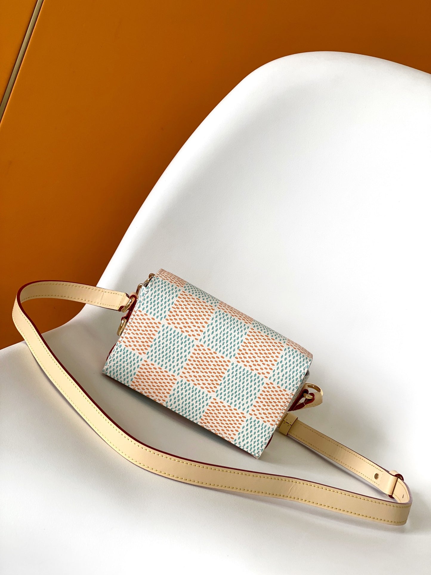 Louis Vuitton Pastel Checkerboard Crossbody Handbag with Gold Chain Detail