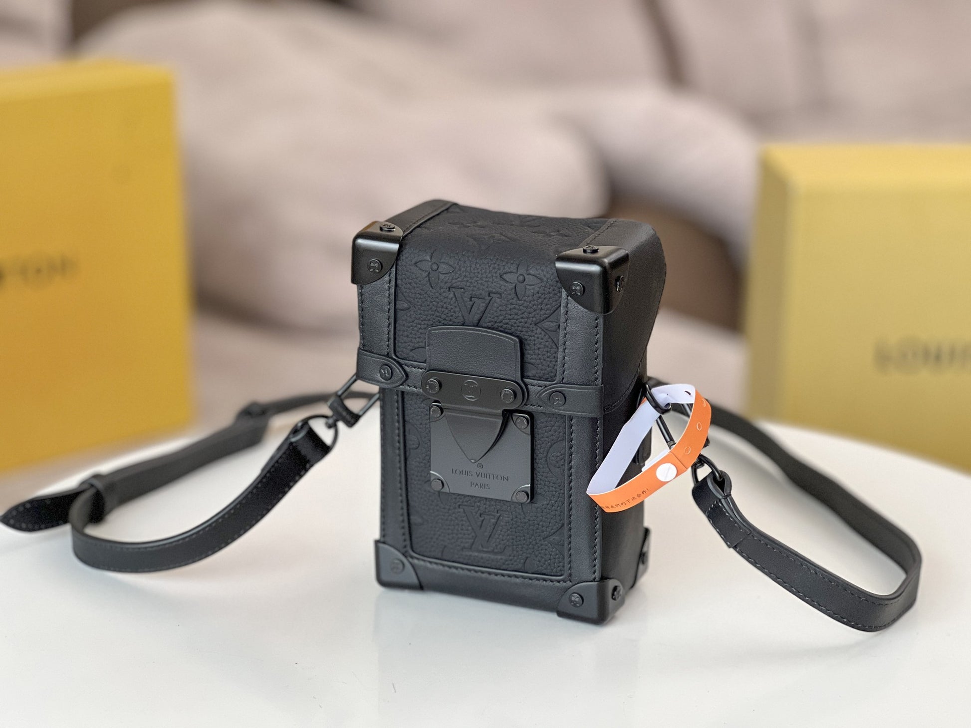 Louis Vuitton Matte Black Textured Leather Vertical Mini Trunk Crossbody Bag