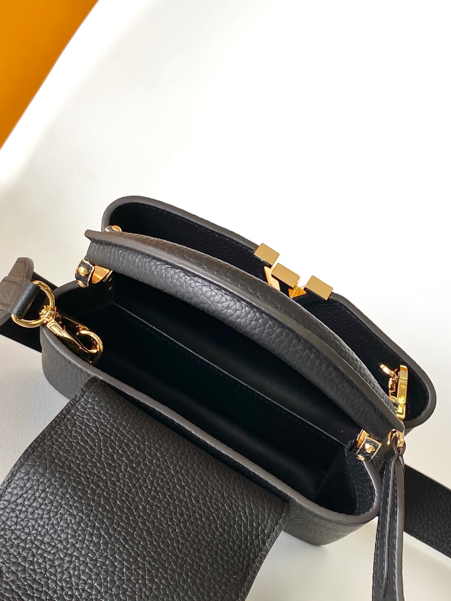 Louis Vuitton Black Textured Leather Top Handle Handbag with Gold V-Hardware