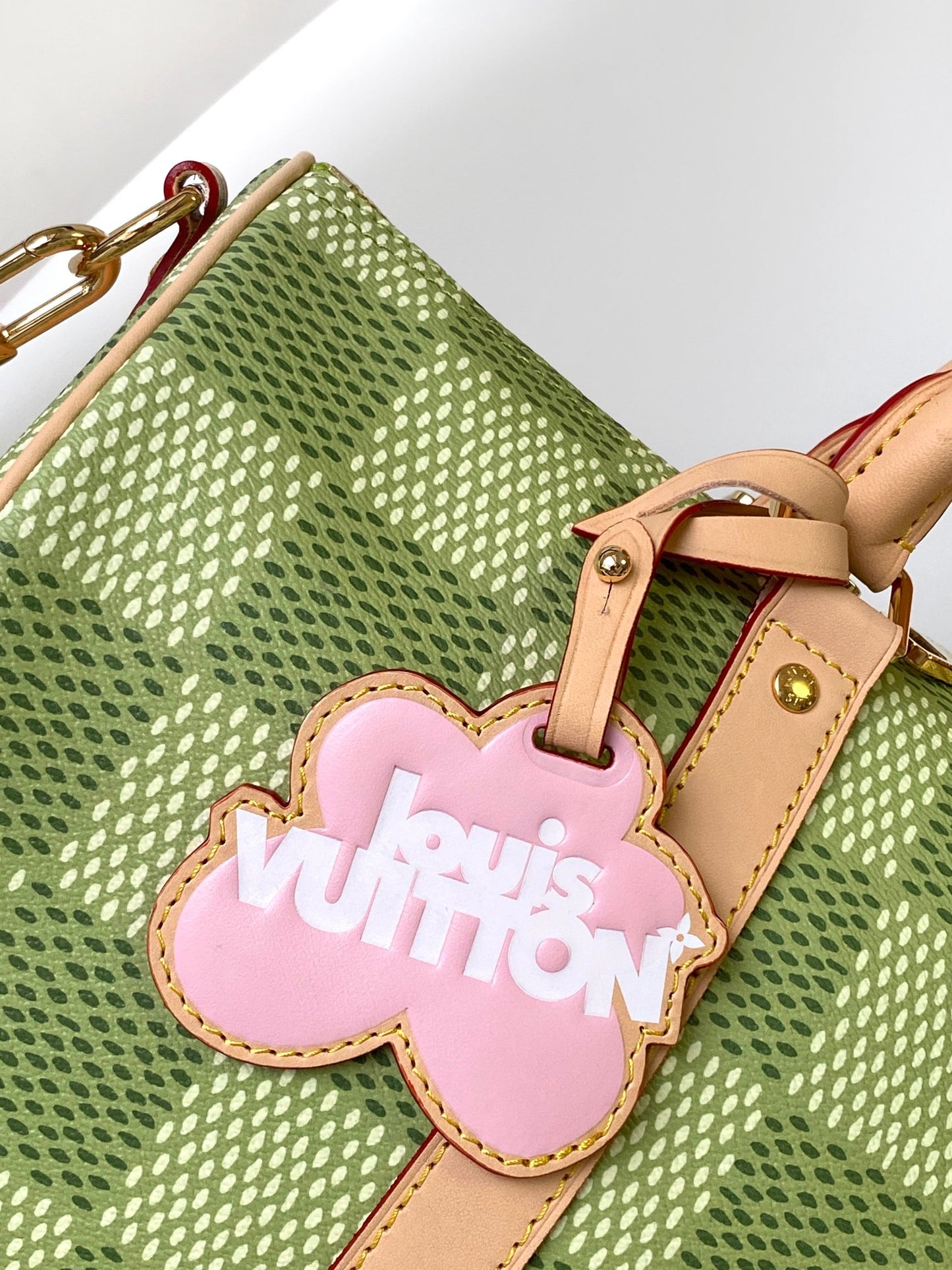 Louis Vuitton Green Checkered Canvas Duffle Handbag with Leather Handles