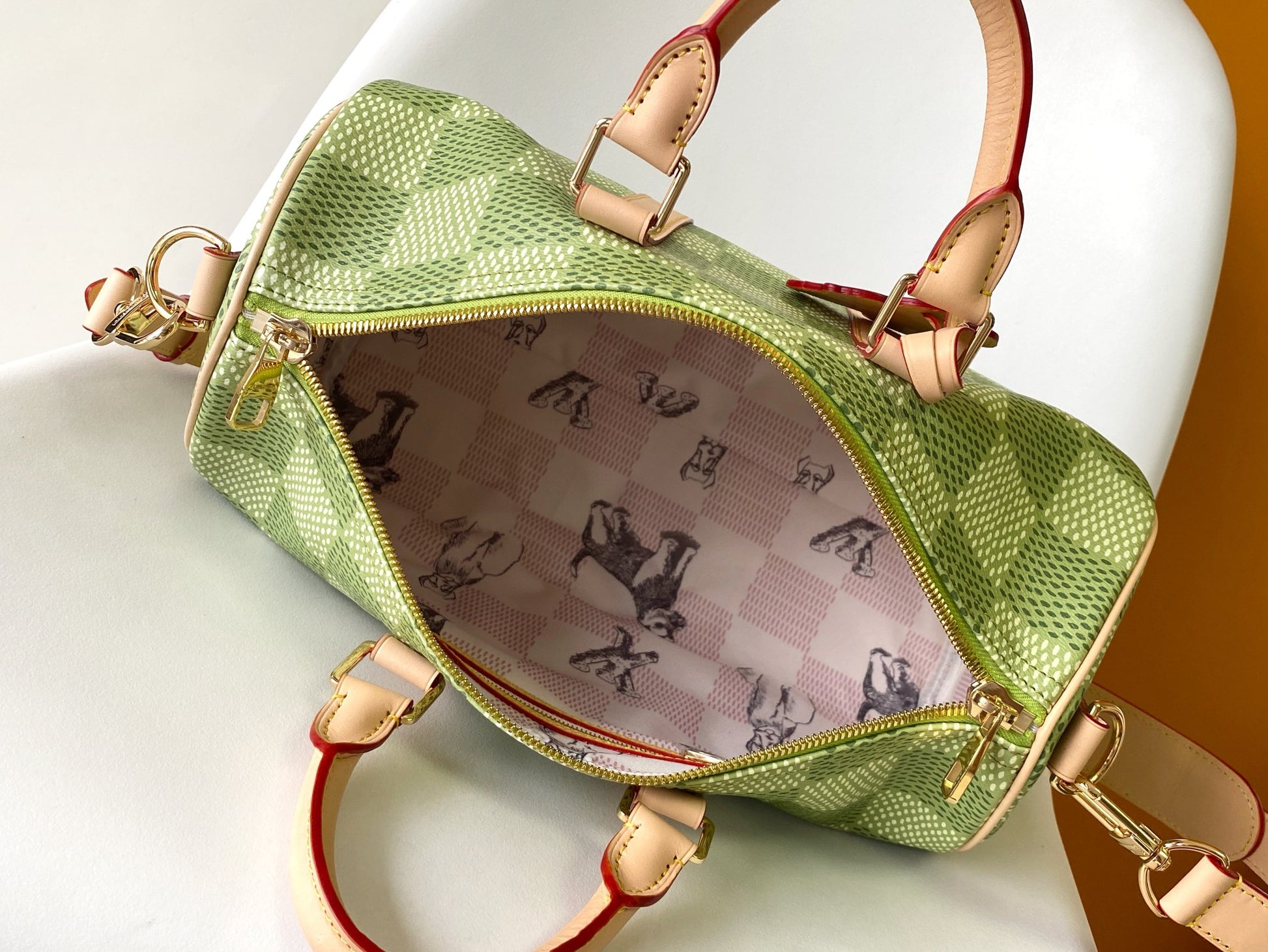 Louis Vuitton Green Checkered Canvas Duffle Handbag with Leather Handles