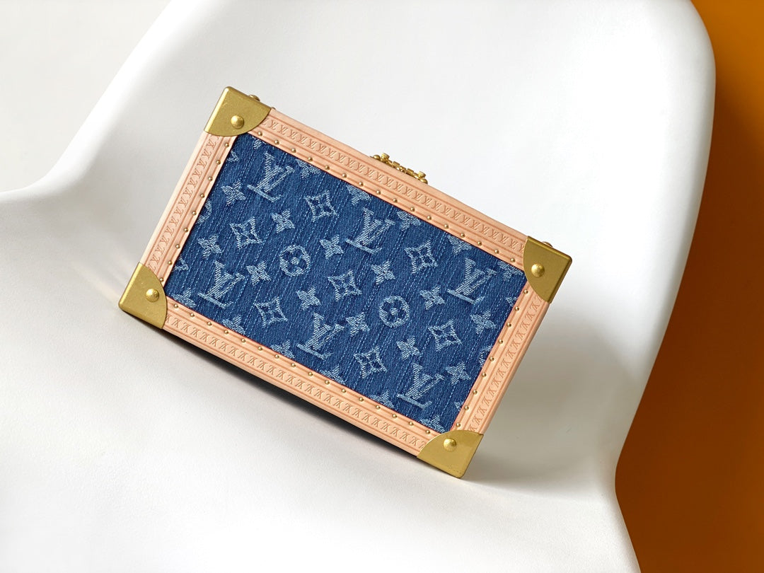 Louis Vuitton Blue Monogram Denim Mini Trunk Jewelry Box with Leather Trim