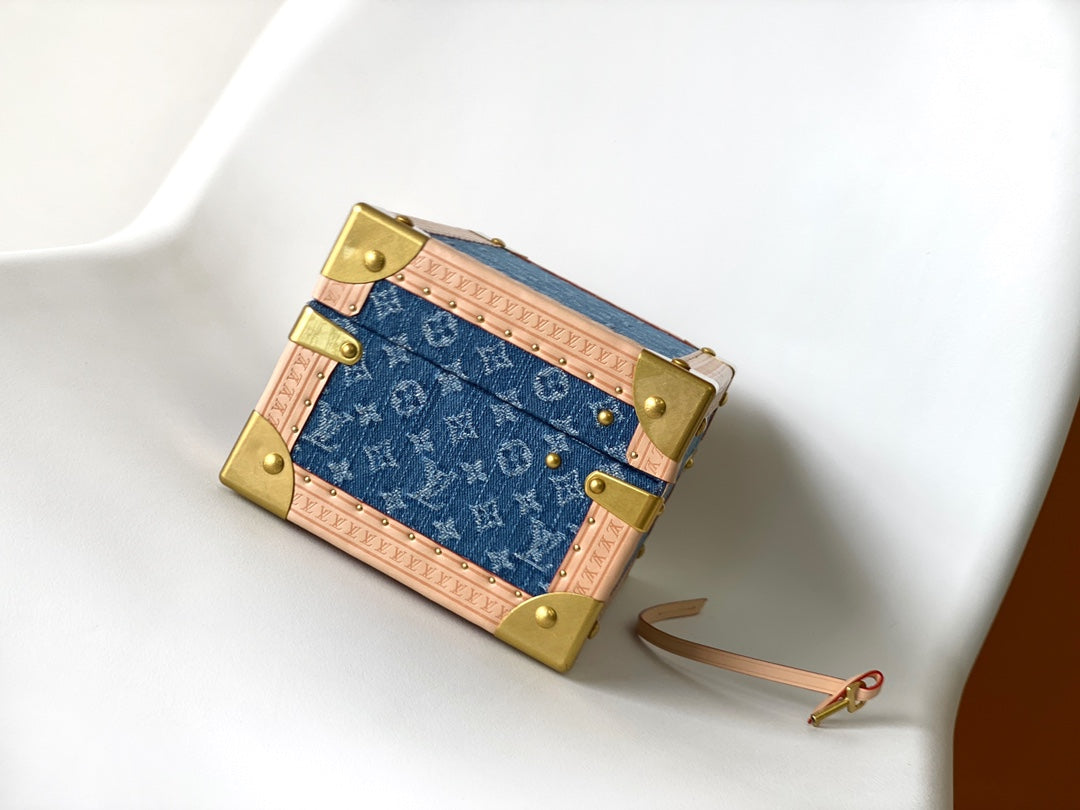 Louis Vuitton Blue Monogram Denim Mini Trunk Jewelry Box with Leather Trim