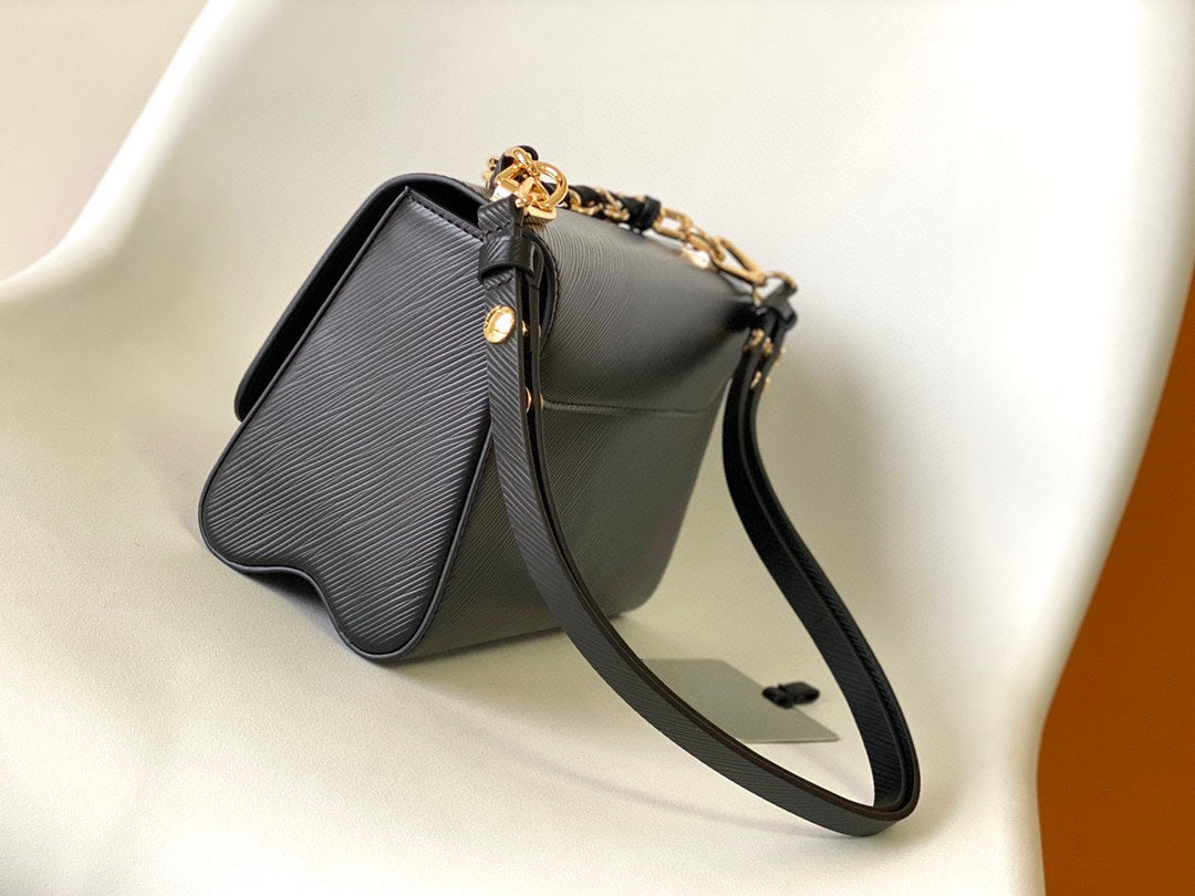 Louis Vuitton Luxury Black Leather Flap Shoulder Bag with Gold Chain Strap