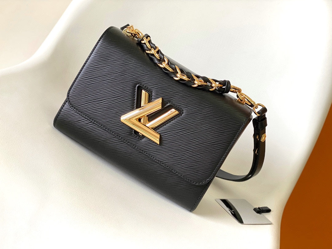 Louis Vuitton Luxury Black Leather Flap Shoulder Bag with Gold Chain Strap
