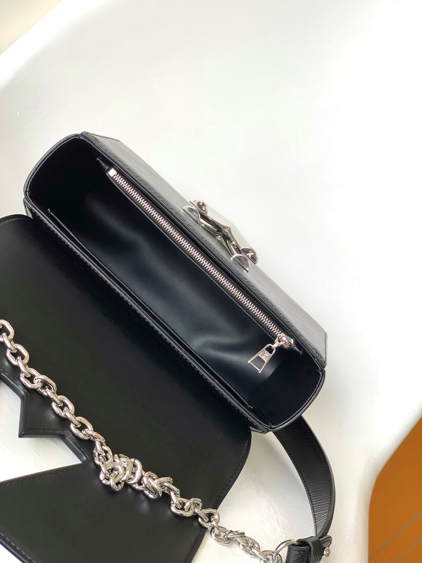 Louis Vuitton Black Textured Leather Crossbody Bag with Silver Chain Strap