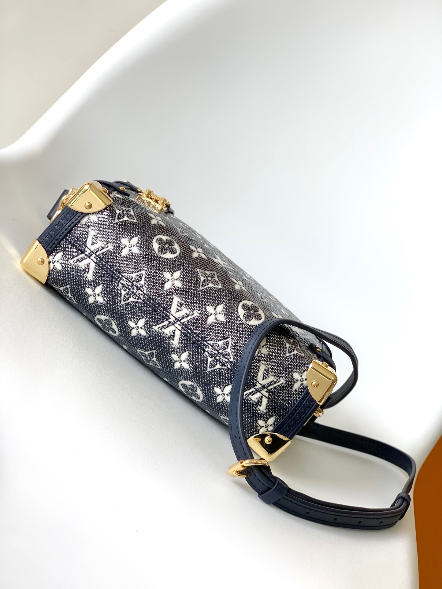 Louis Vuitton Navy Blue Denim Monogram Trunk Handbag with Gold Hardware