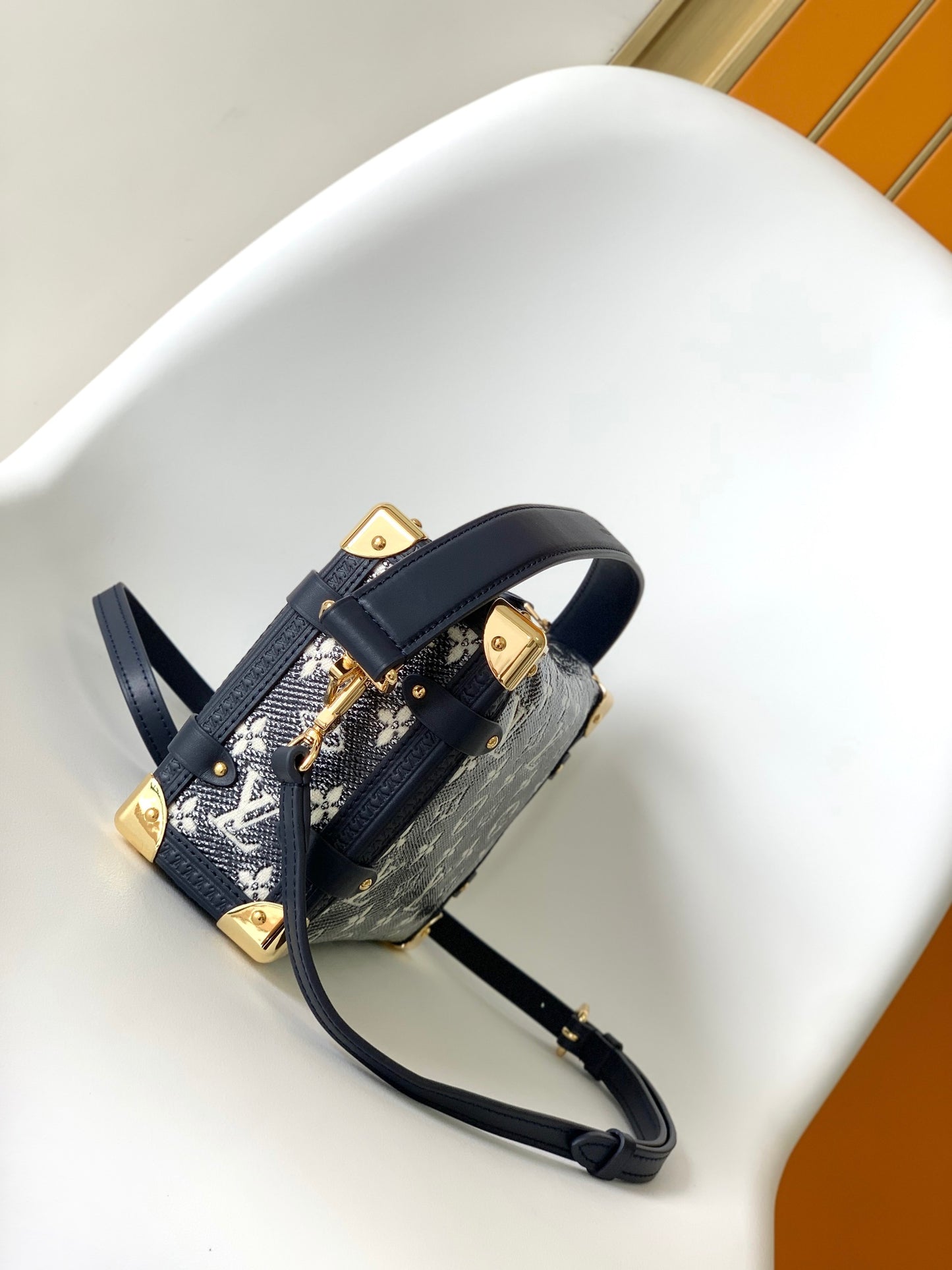 Louis Vuitton Navy Blue Denim Monogram Trunk Handbag with Gold Hardware