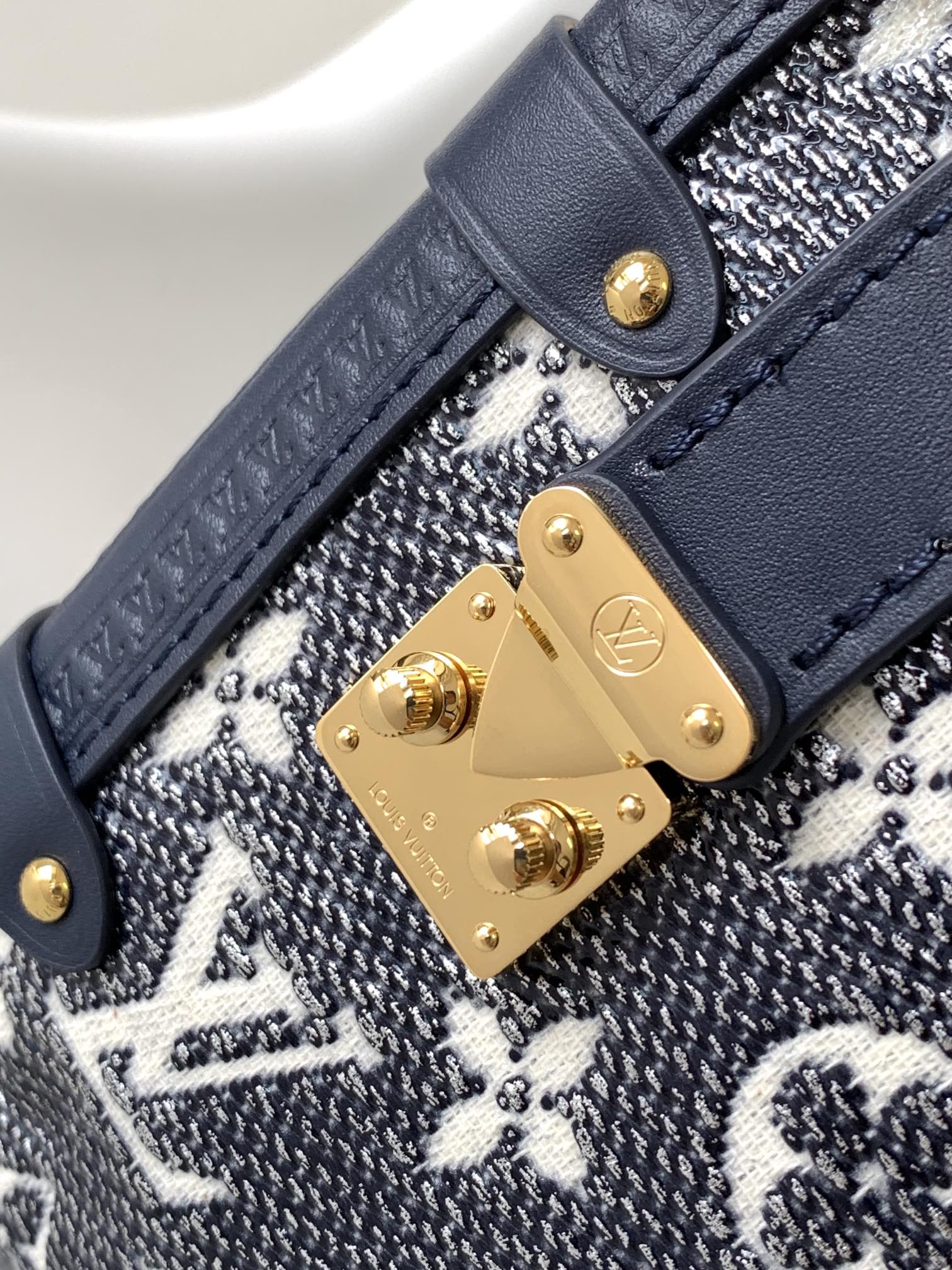 Louis Vuitton Navy Blue Denim Monogram Trunk Handbag with Gold Hardware