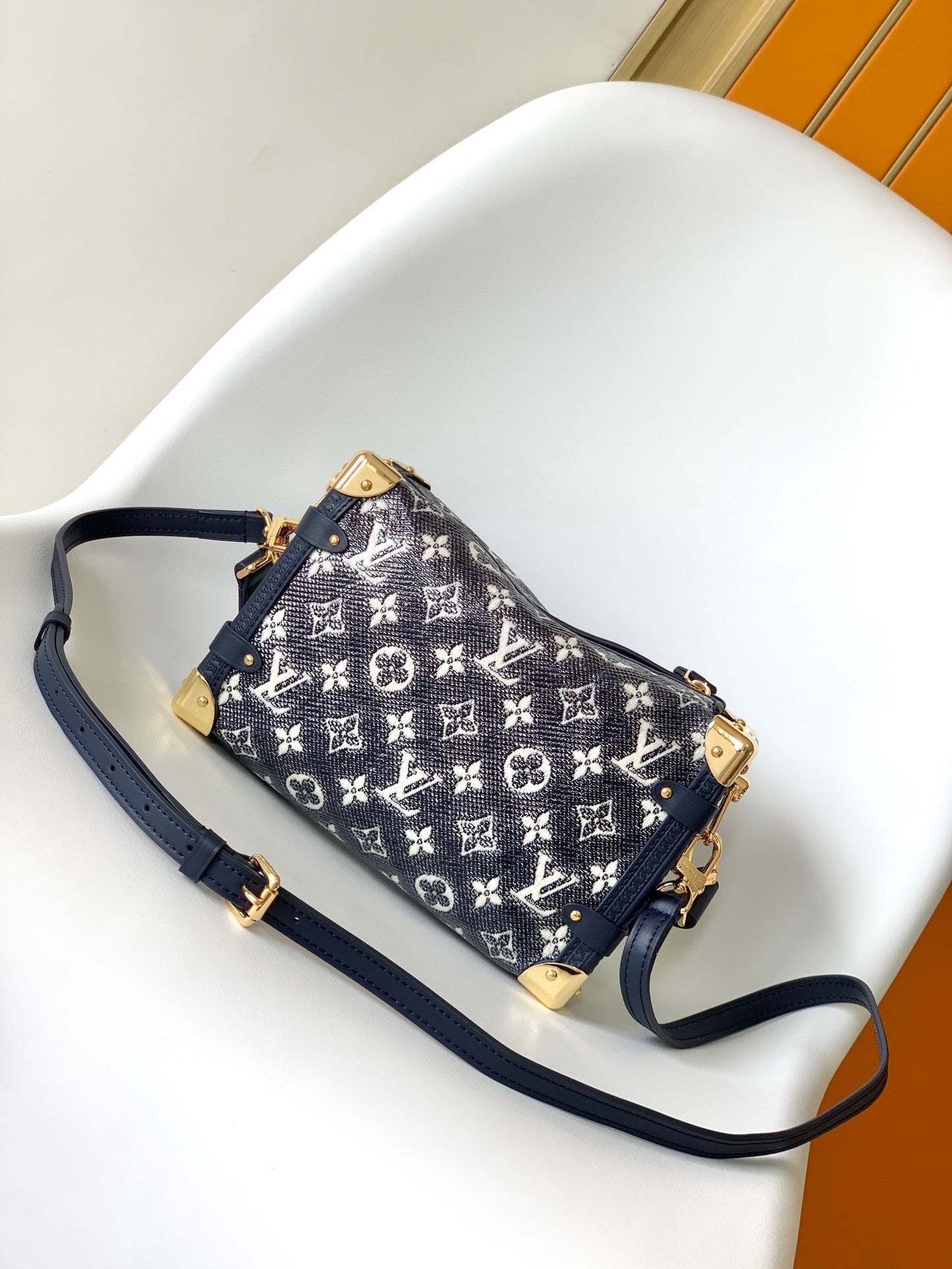 Louis Vuitton Navy Blue Denim Monogram Trunk Handbag with Gold Hardware