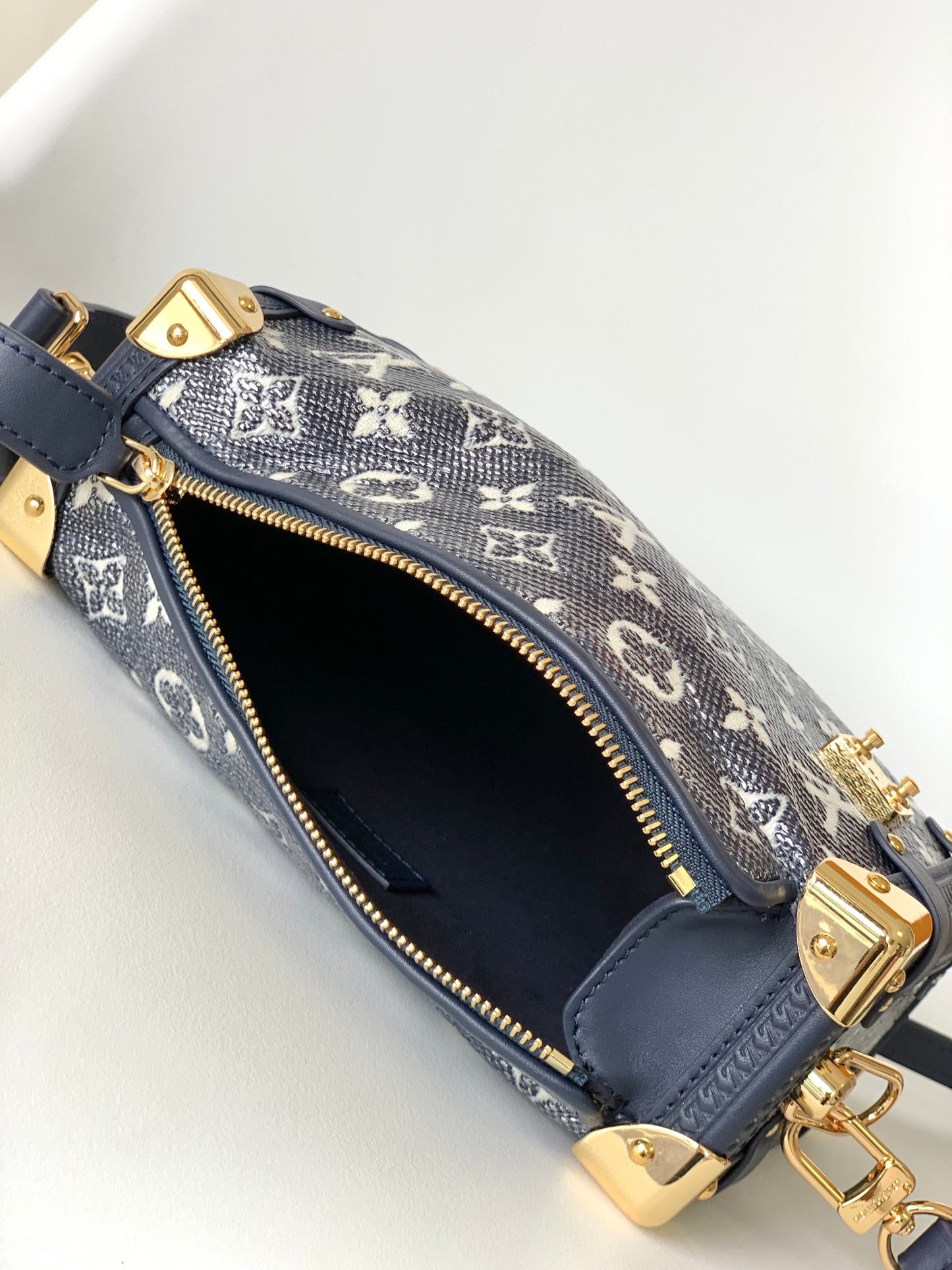 Louis Vuitton Navy Blue Denim Monogram Trunk Handbag with Gold Hardware