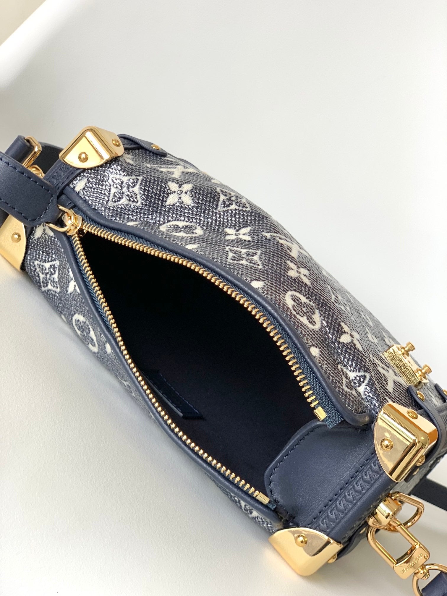 Louis Vuitton Navy Blue Denim Monogram Trunk Handbag with Gold Hardware