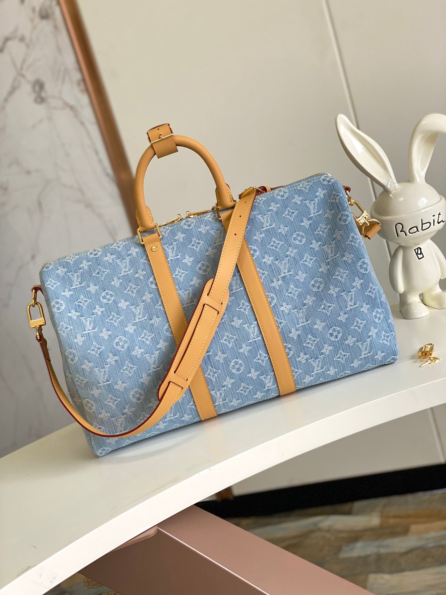 Louis Vuitton Light Blue Monogram Travel Duffle Bag with Tan Leather Trim