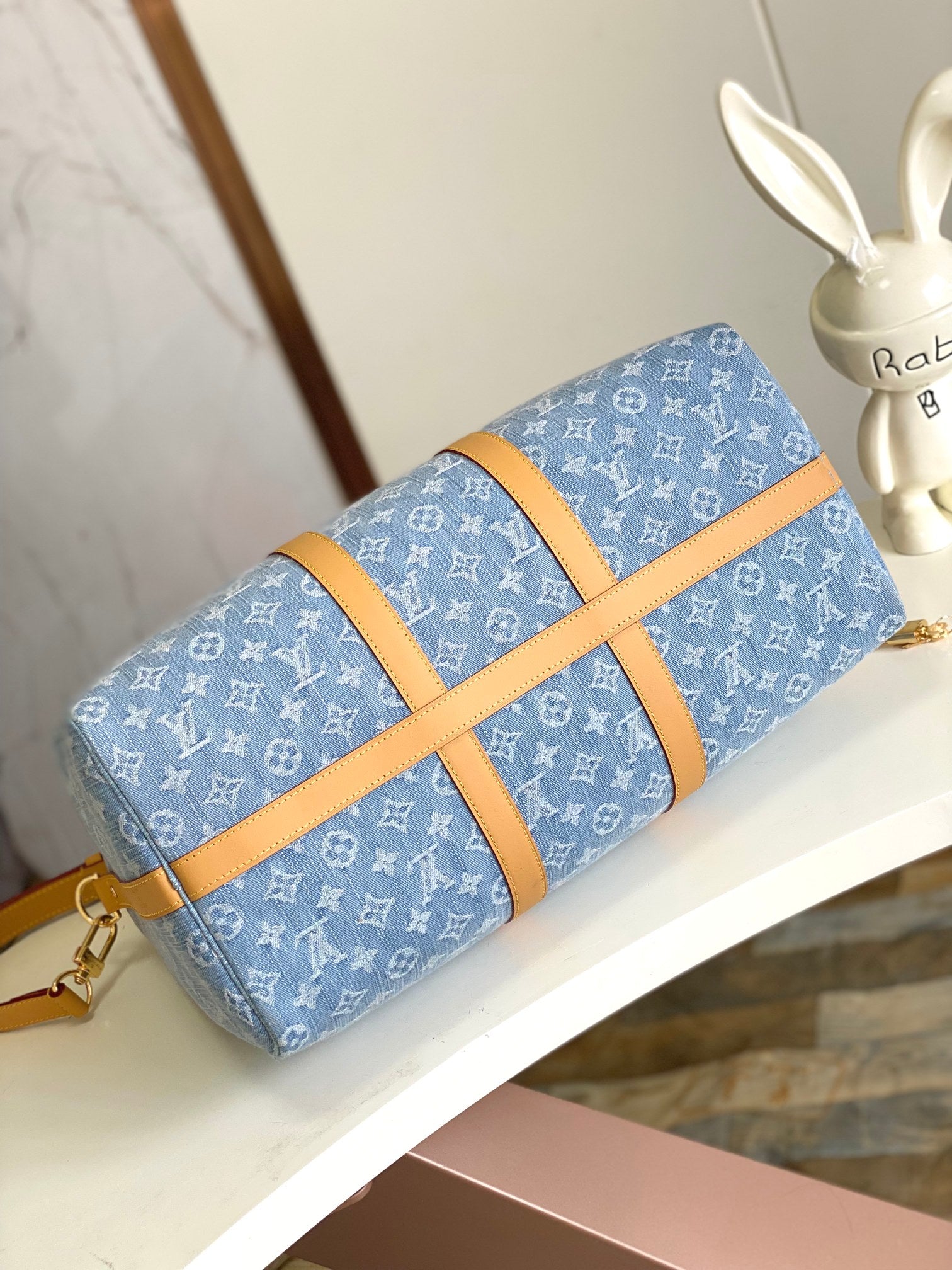 Louis Vuitton Light Blue Monogram Travel Duffle Bag with Tan Leather Trim