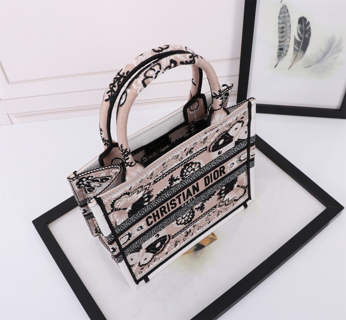 Dior Elegant Butterfly Embroidered Canvas Top Handle Tote Bag