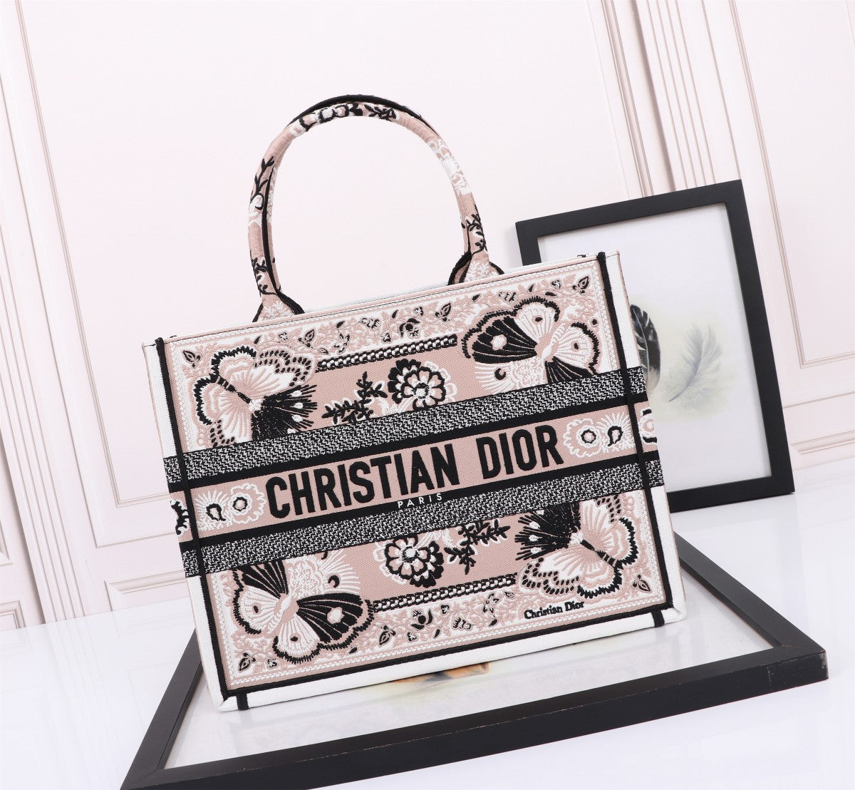 Dior Elegant Butterfly Floral Embroidered Canvas Top Handle Tote Bag