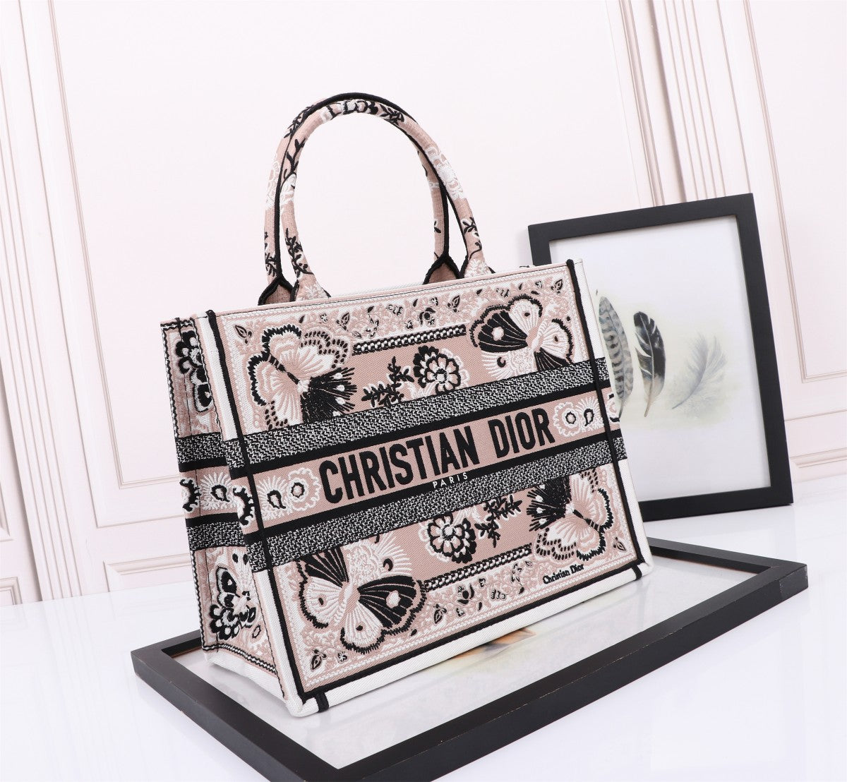 Dior Elegant Butterfly Floral Embroidered Canvas Top Handle Tote Bag