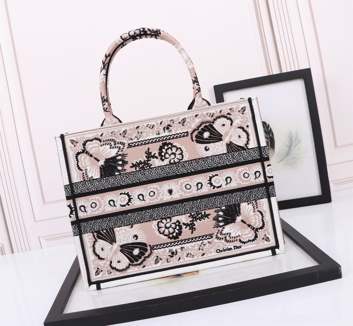 Dior Elegant Embroidered Butterfly Floral Canvas Tote Handbag