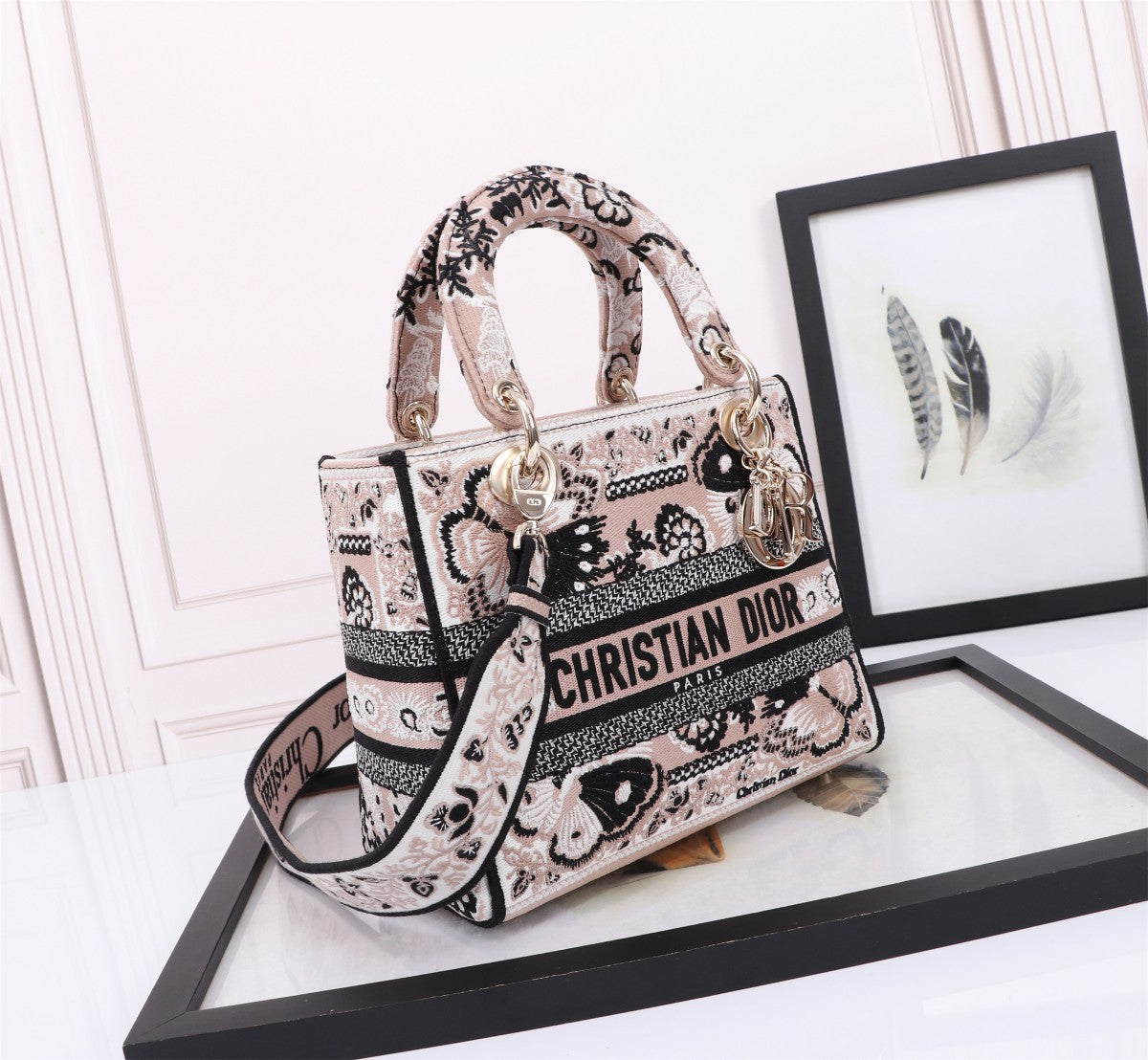 Dior Floral Embroidered Canvas Top Handle Bag with Shoulder Strap